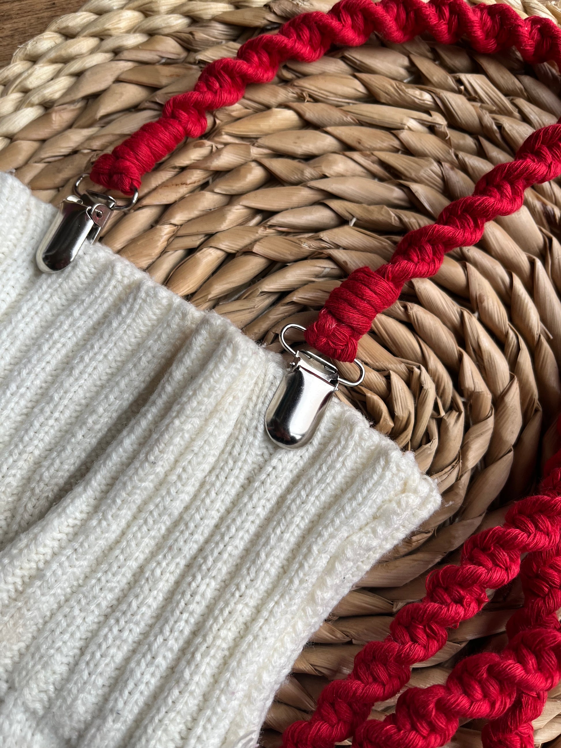 Close-up of secure metal clasps on bright red eco-friendly long mitten clips - handmade with recycled materials by Macra-Made With Love