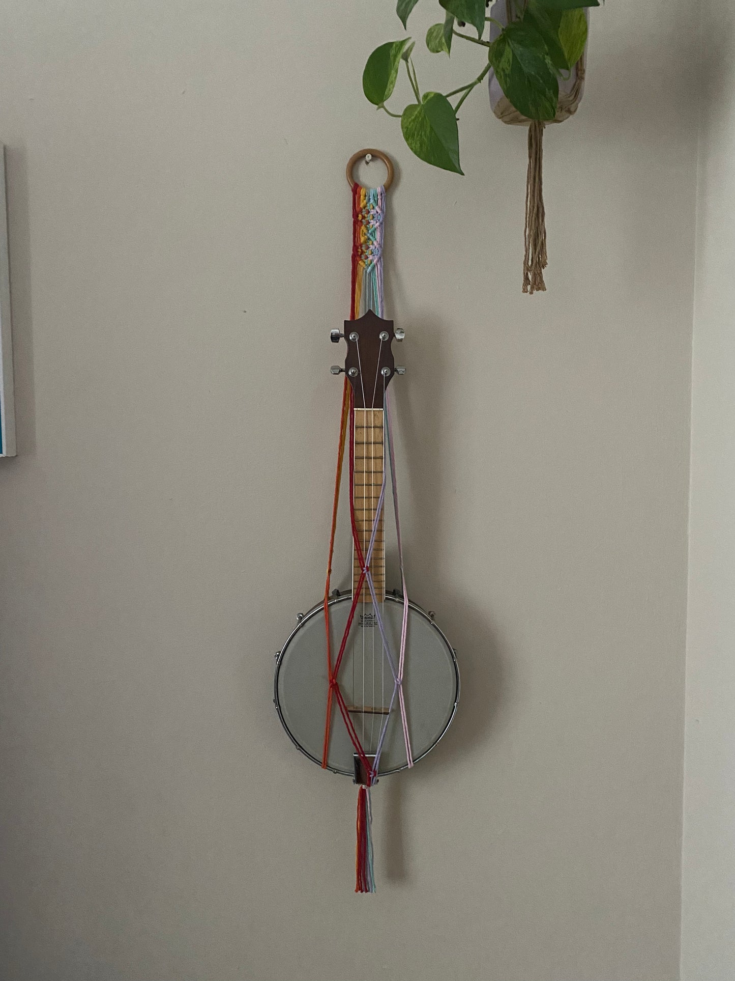 A banjolele instrument sits securely in a macrame wall mounted hanger, made with rainbow coloured yarn and a wooden hanging ring. Displayed against a beige painted wall, below a hanging houseplant.