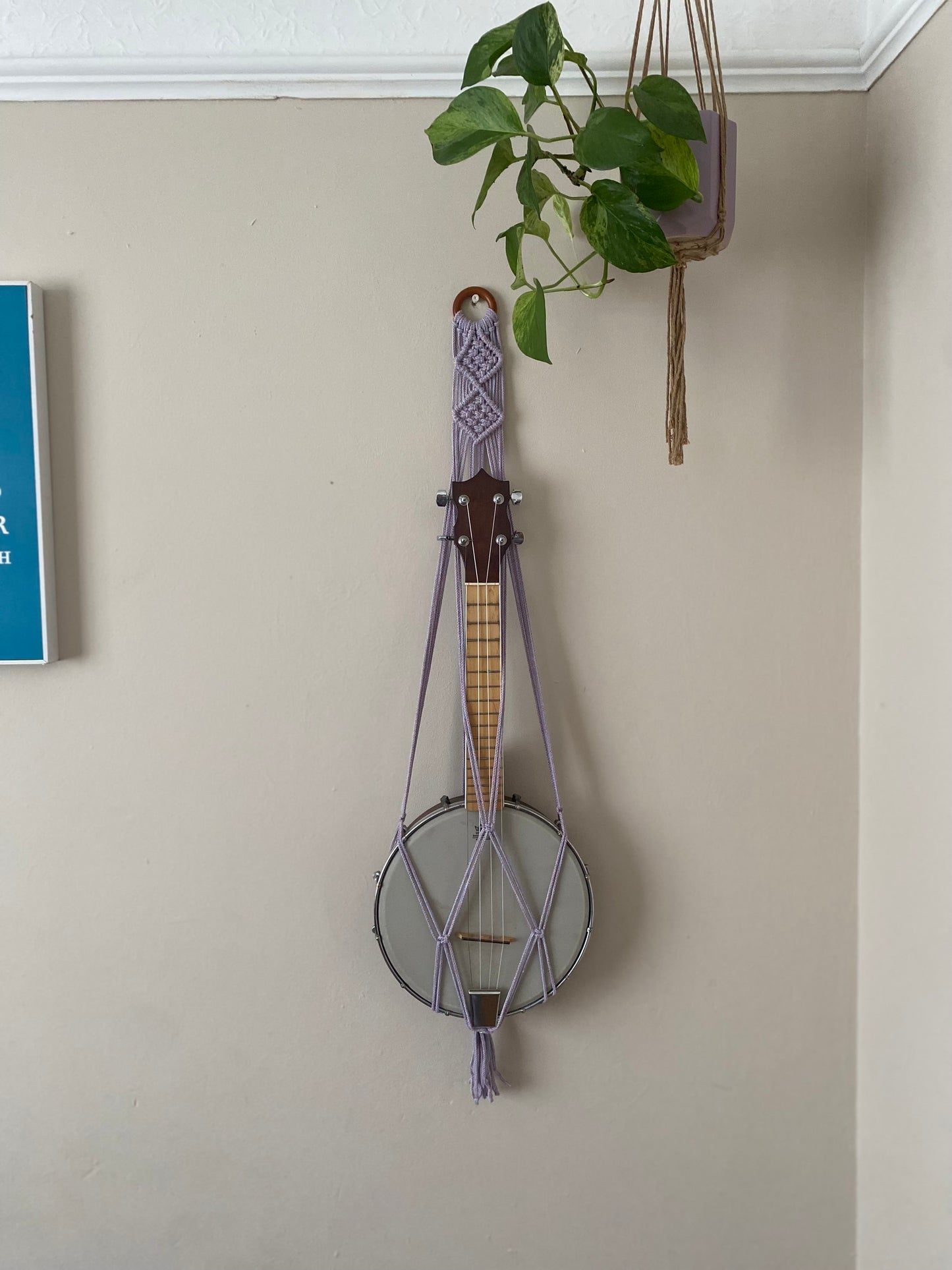 A banjolele instrument sits securely in a macrame wall mounted hanger, made with pastel coloured yarn and a wooden hanging ring. Displayed against a beige painted wall, under a hanging houseplant.