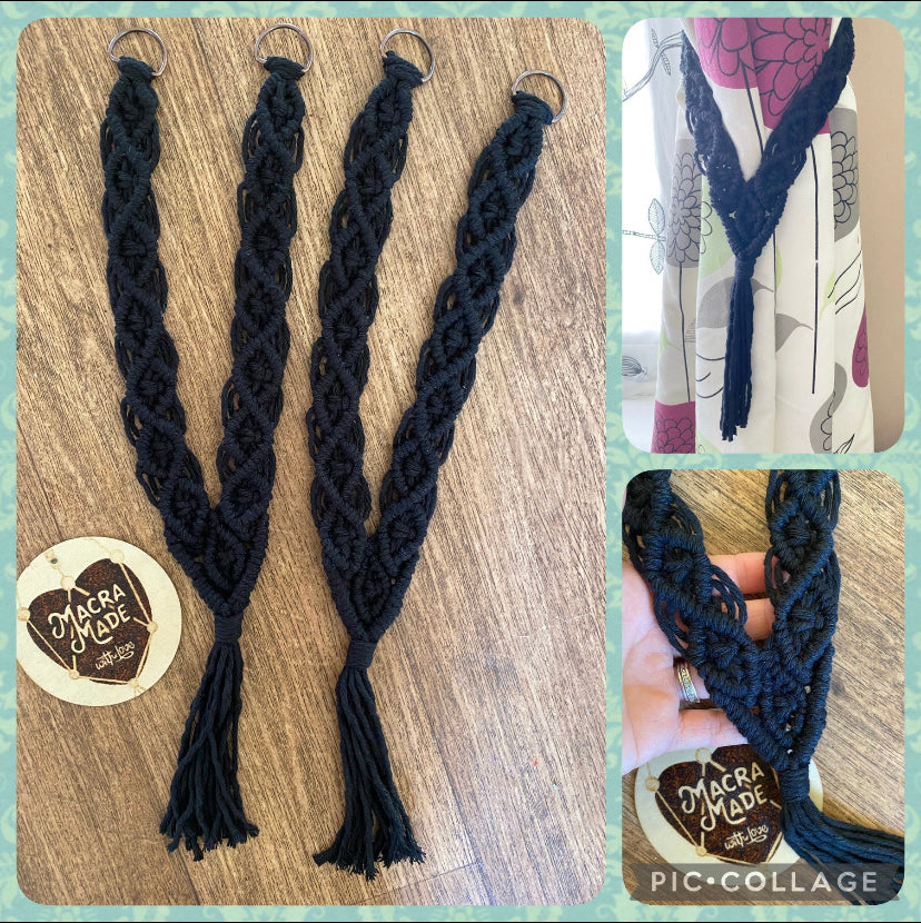 A collage of images showcasing a pair of knotted recycled cotton curtain tie backs made with black yarn and finished with metal D rings.