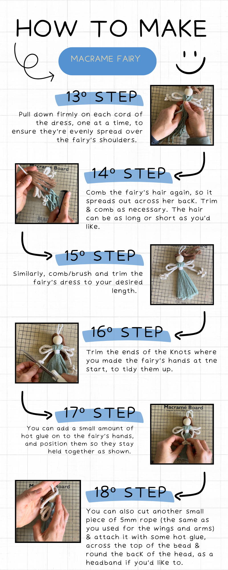 Step-by-step guide on how to make a macrame fairy with illustrations and text.