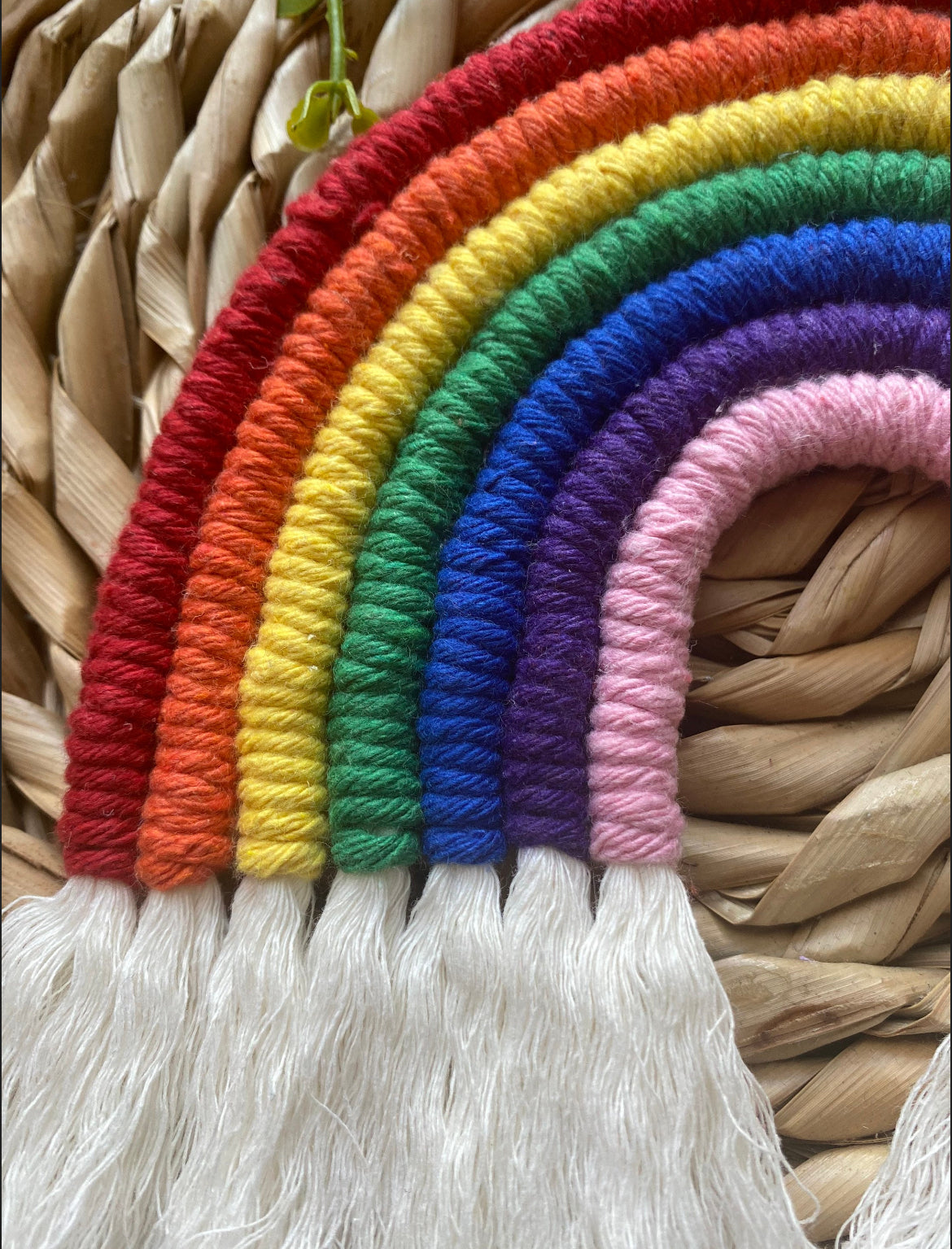Close up of a handmade macrame rainbow wall hanging with vibrant colours, made from recycled cotton yarn, with white tassels at the bottom.