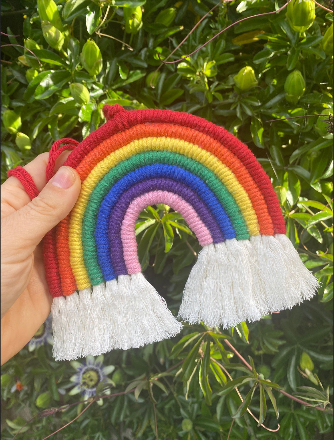 A hand holding a handmade macrame rainbow wall hanging with vibrant colours, made from recycled cotton yarn, with white tassels at the bottom outside in front of lush green plants.