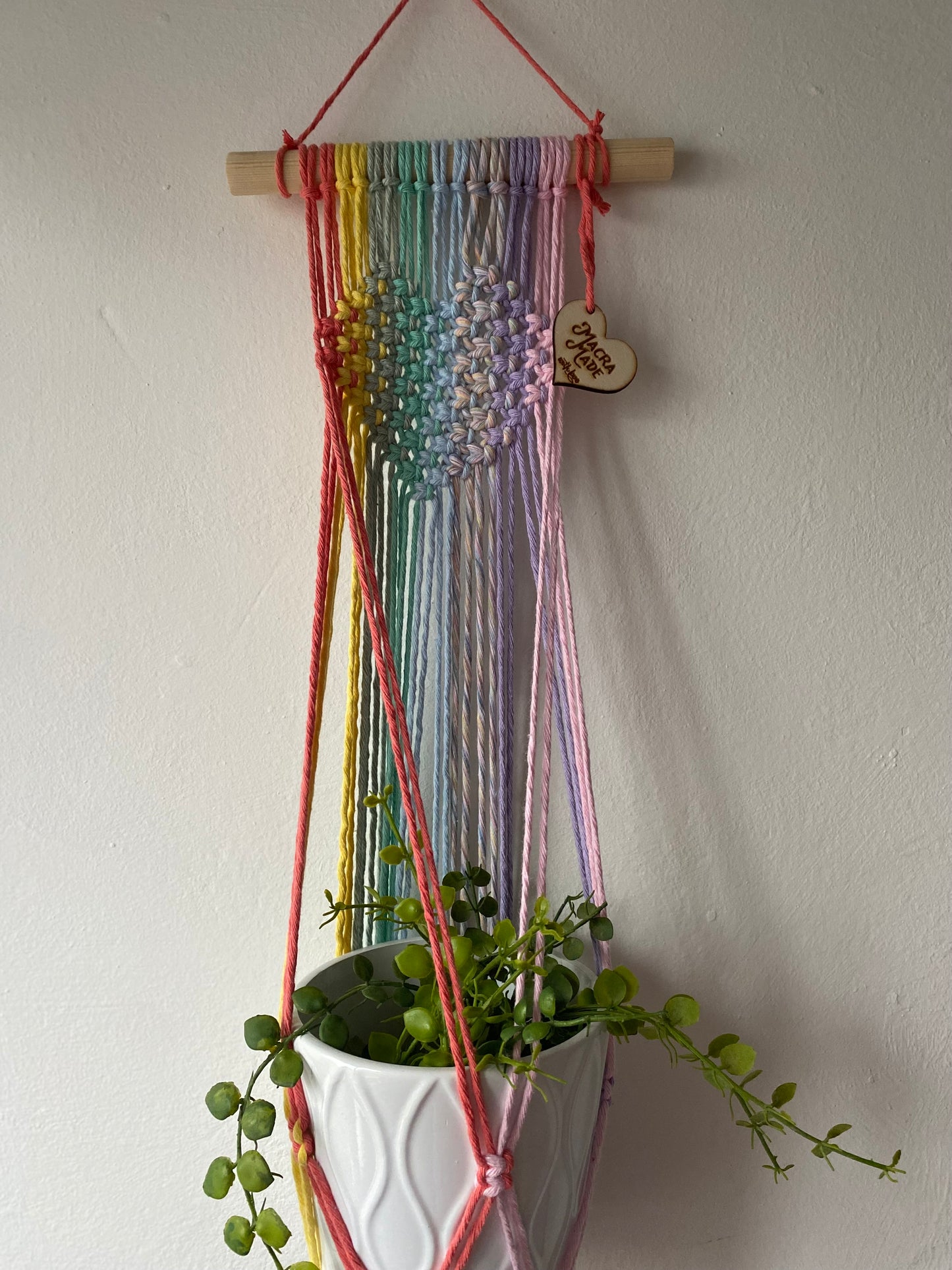 A green plant in a white pot hangs in a pastel rainbow coloured macrame wall hanging plant holder with knotted heart detail on a wooden dowel against a white painted wall.