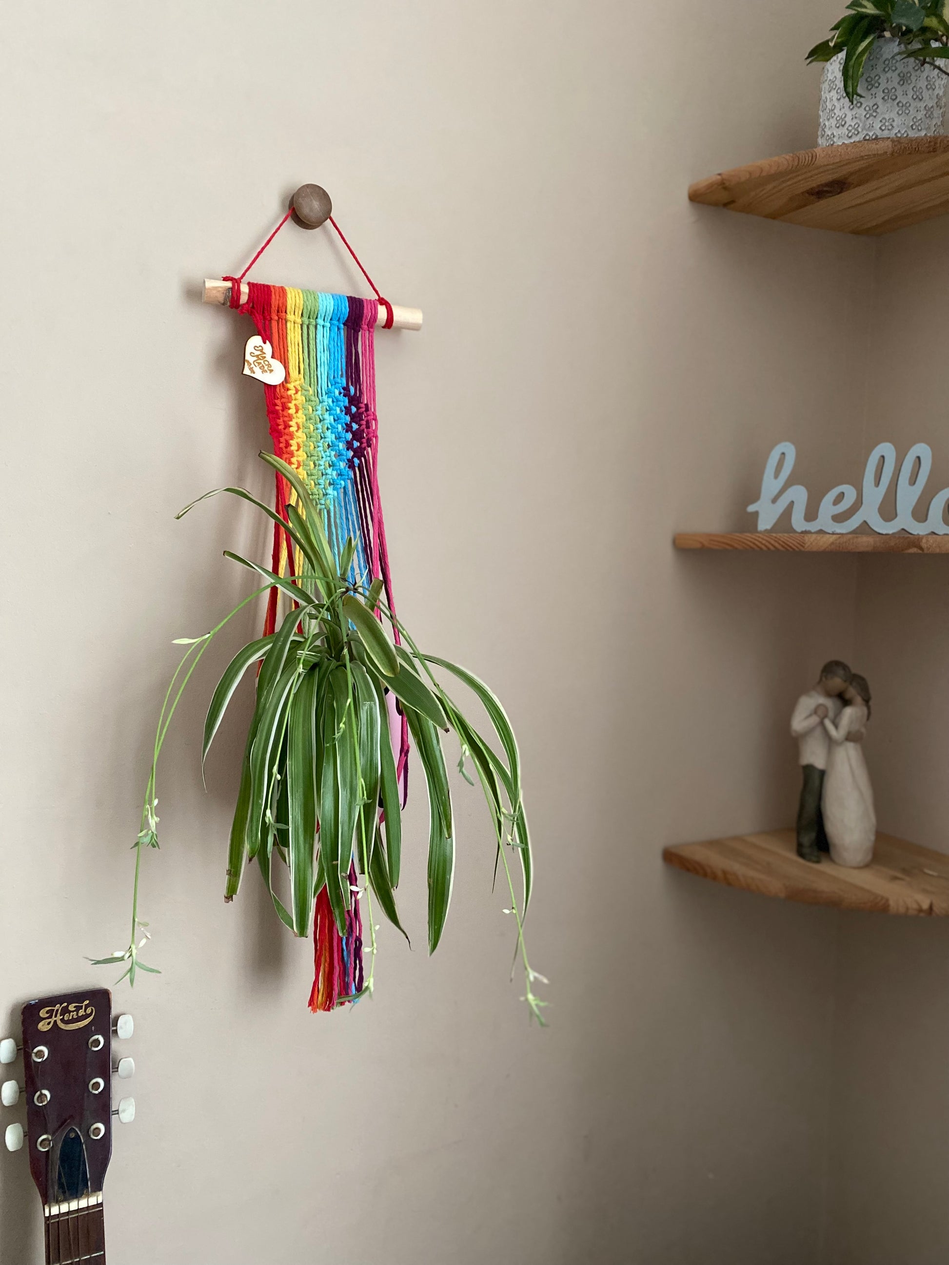 A green spider plant hangs in a rainbow coloured macrame wall hanging plant holder with knotted heart detail against a beige painted wall, next to a set of wooden corner shelves.