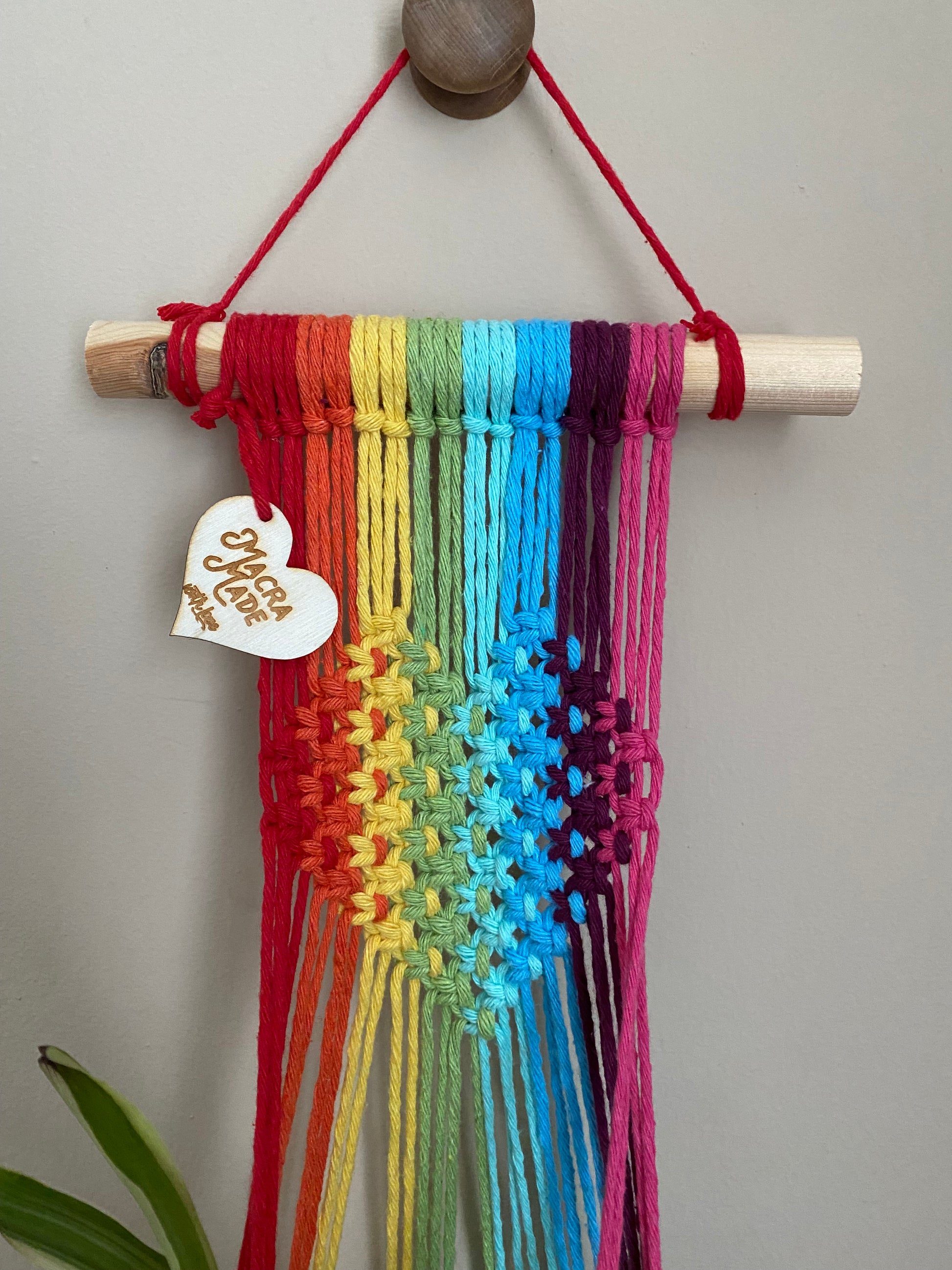 Close up of a rainbow coloured macrame wall hanging plant holder with knotted heart detail against a beige painted wall.
