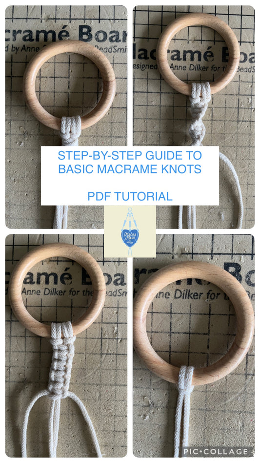 A step-by-step guide to basic macrame knots, featuring a PDF tutorial displayed on a printed paper with text and illustrations.