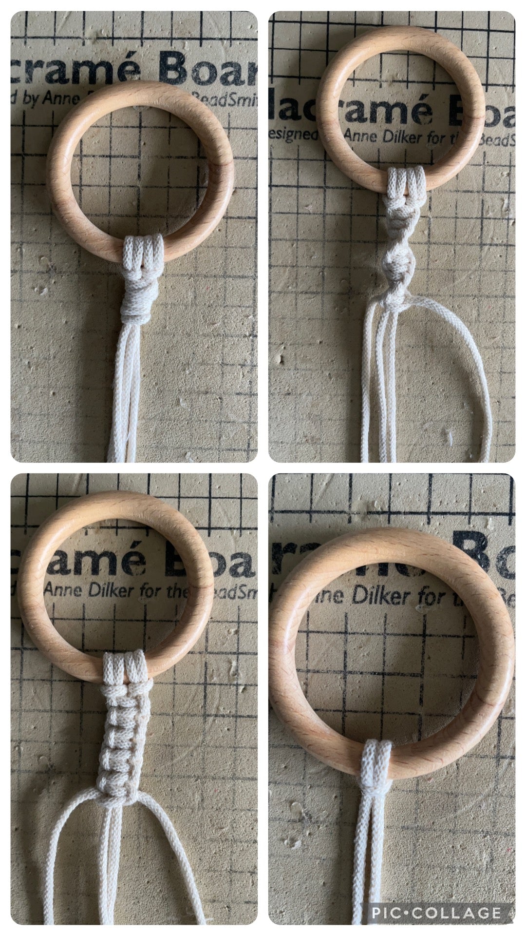 A collage of 4 images, each one has a wooden ring and each image features a different type of macrame knot attached to the ring.