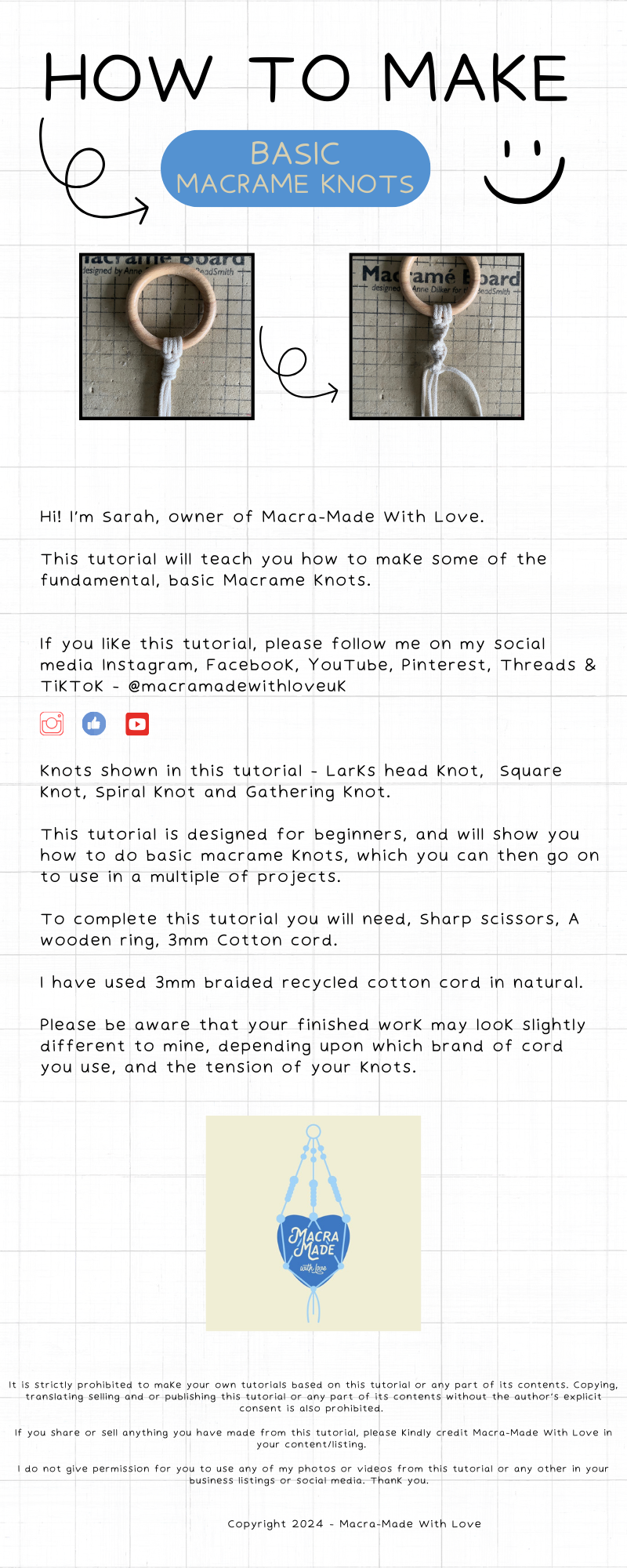 White page with black text and images, an introduction to a basic macrame knots tutorial