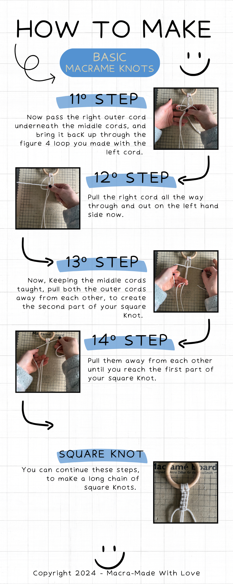 White page with black text and images demonstrating how to make various macramé knots