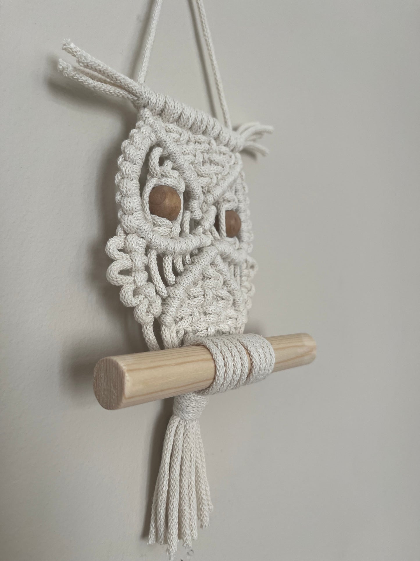 Close up of a handmade macrame owl wall hanging decoration, perched on a wooden dowel. Made with recycled cotton and wooden beads.