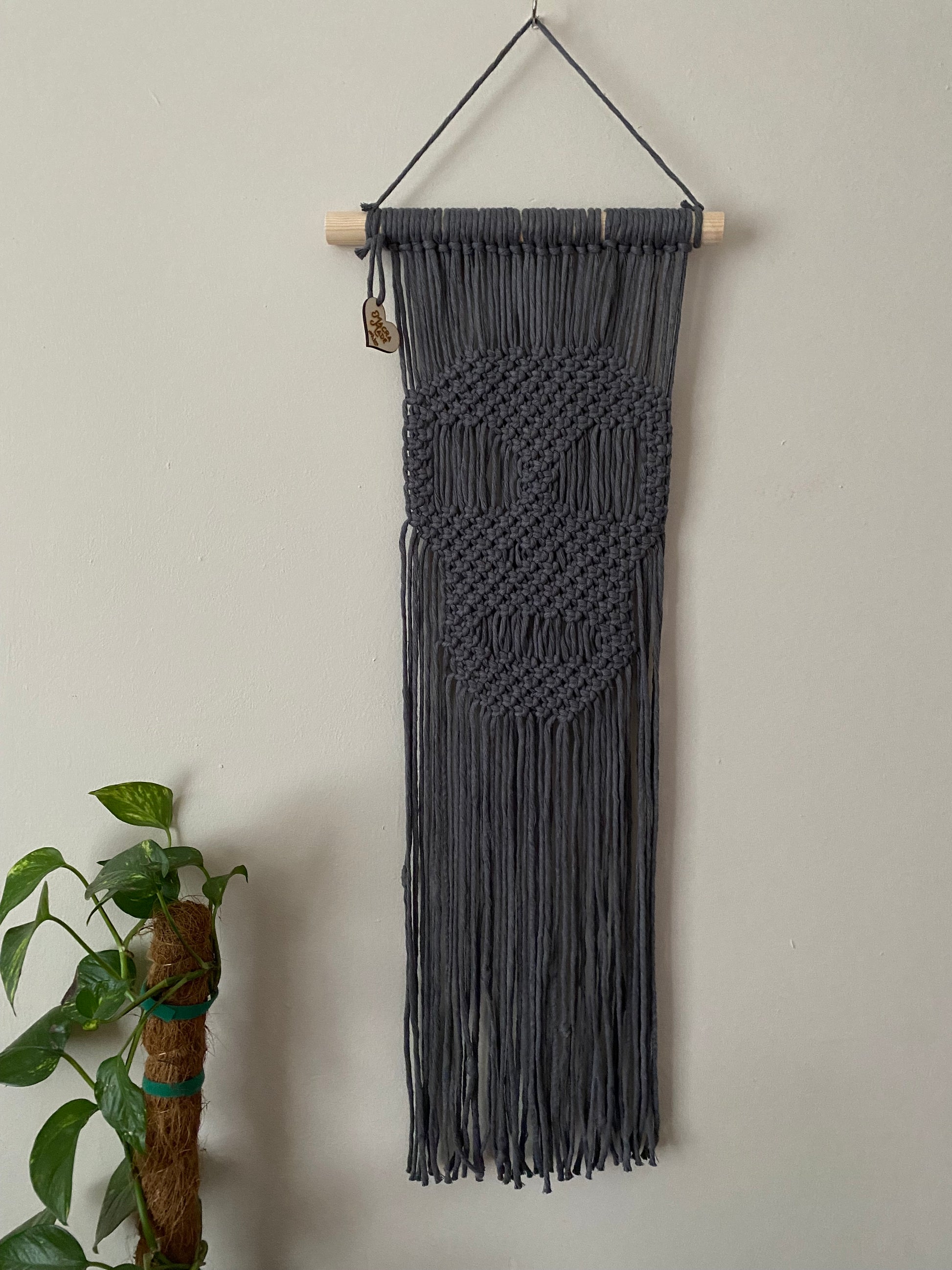 Long dark grey macrame wall hanging with a knotted pattern in the shape of a skull, made on a wooden dowel, hanging against a beige wall next to a tall green houseplant.