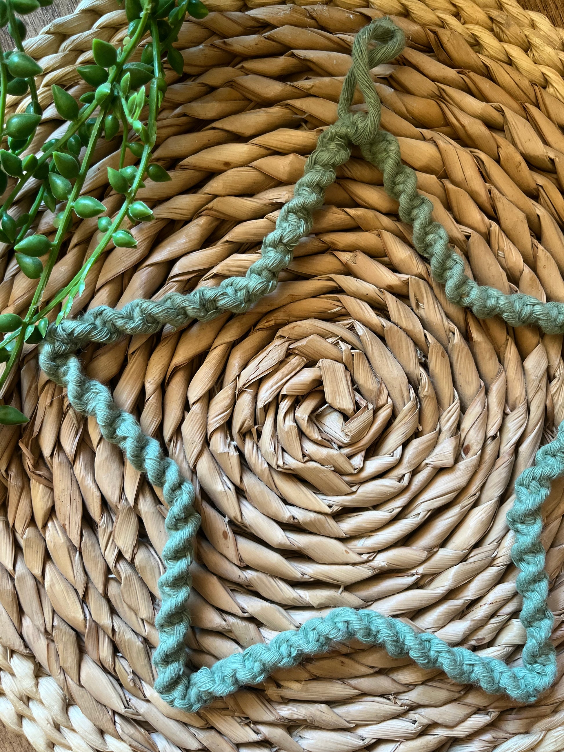 Star shaped wall hanging, wrapped in green cotton with a twisted knot pattern, placed on a woven mat next to some green plant vines.