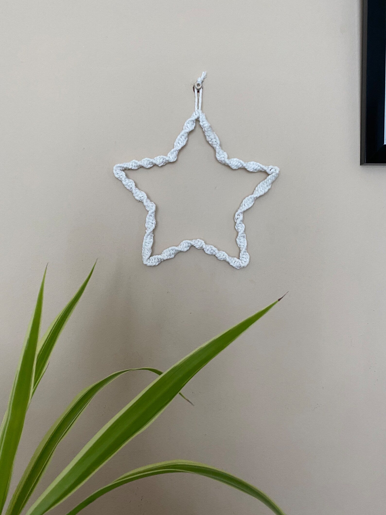 Star shaped wall hanging, wrapped in natural coloured cotton with a twisted knot pattern, hanging on a beige wall. There is a green houseplant in the bottom left of the image.