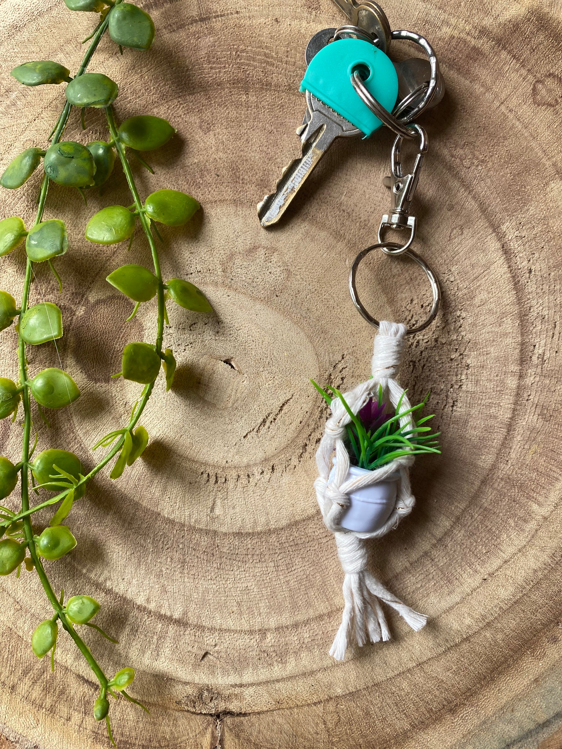 A miniature faux plant inside a mini macrame plant hanger, made with natural cotton, with a metal keyring clasp attached to a small set of keys, laid out on a wooden board next to some green plant vines.
