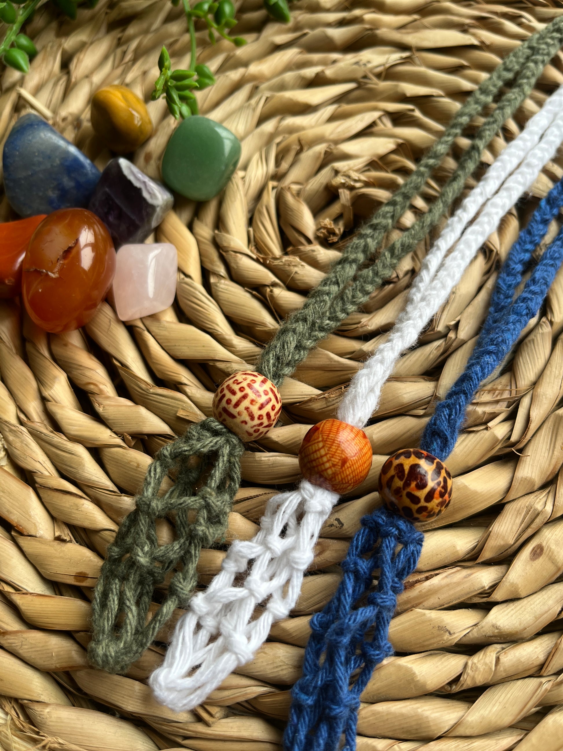Macrame Gemstone Holder empty net pouches made with eco friendly recycled cotton and a Wooden bead