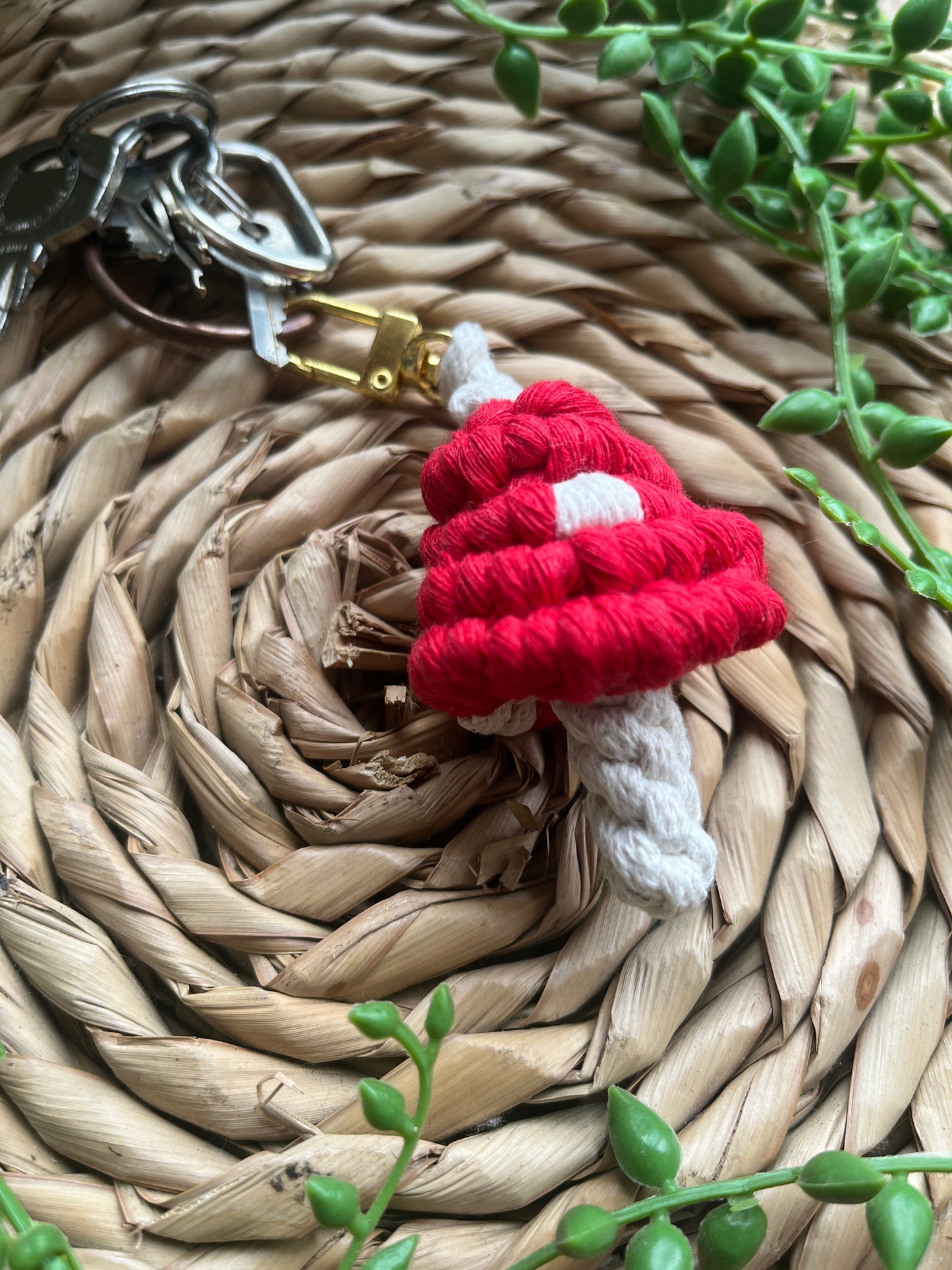 A handmade macrame mushroom keyring, made with eco friendly recycled cotton in red, with a shiny metal clasp. The keyring is displayed on a wicker mat, with some long green plant vines attached to a small set of silver keys.