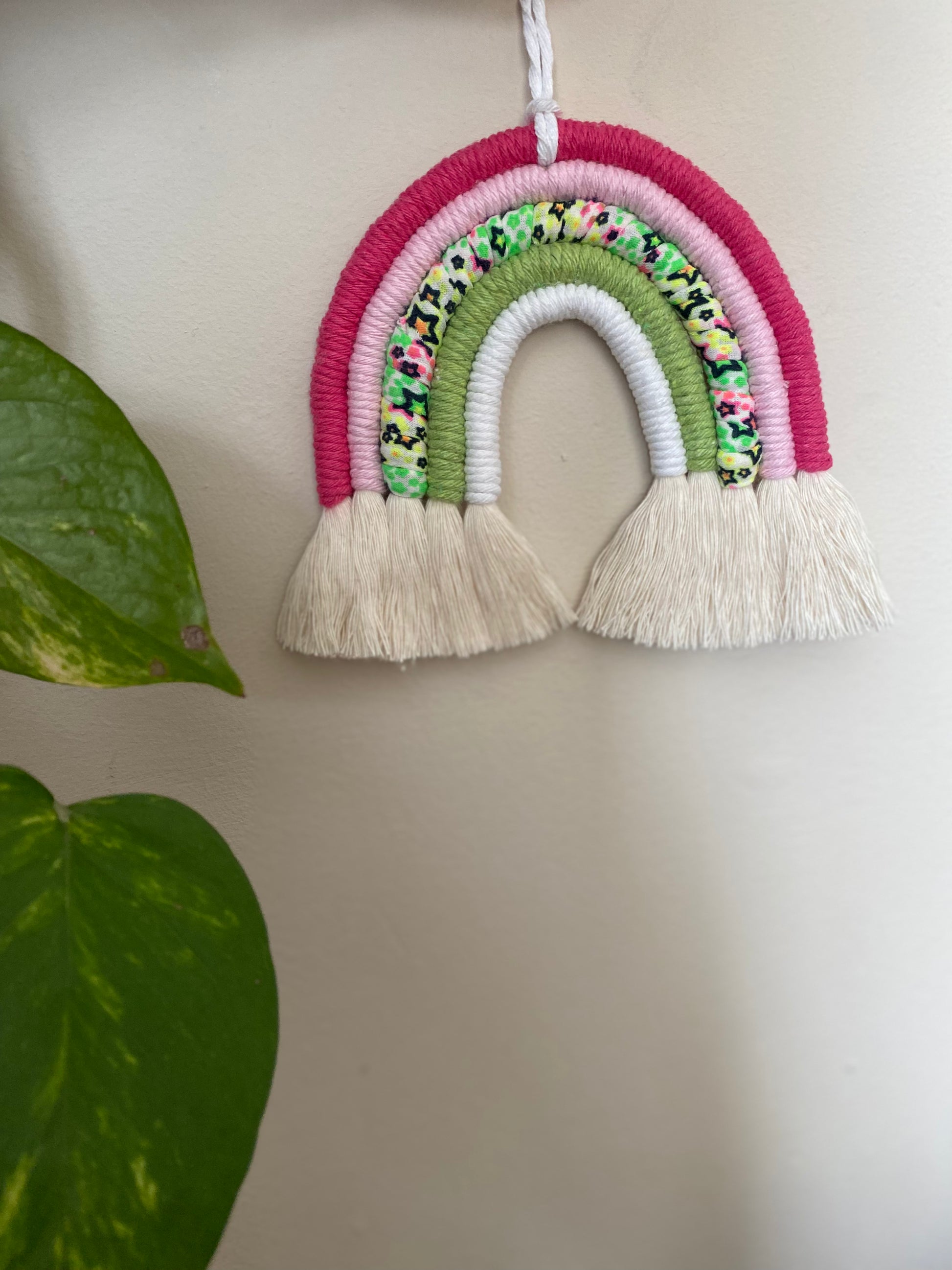 A macrame rainbow with 5 arches of pink, green and neon coloured yarns and natural combed out tassels at the bottom hanging against a white wall next to a leafy green plant.