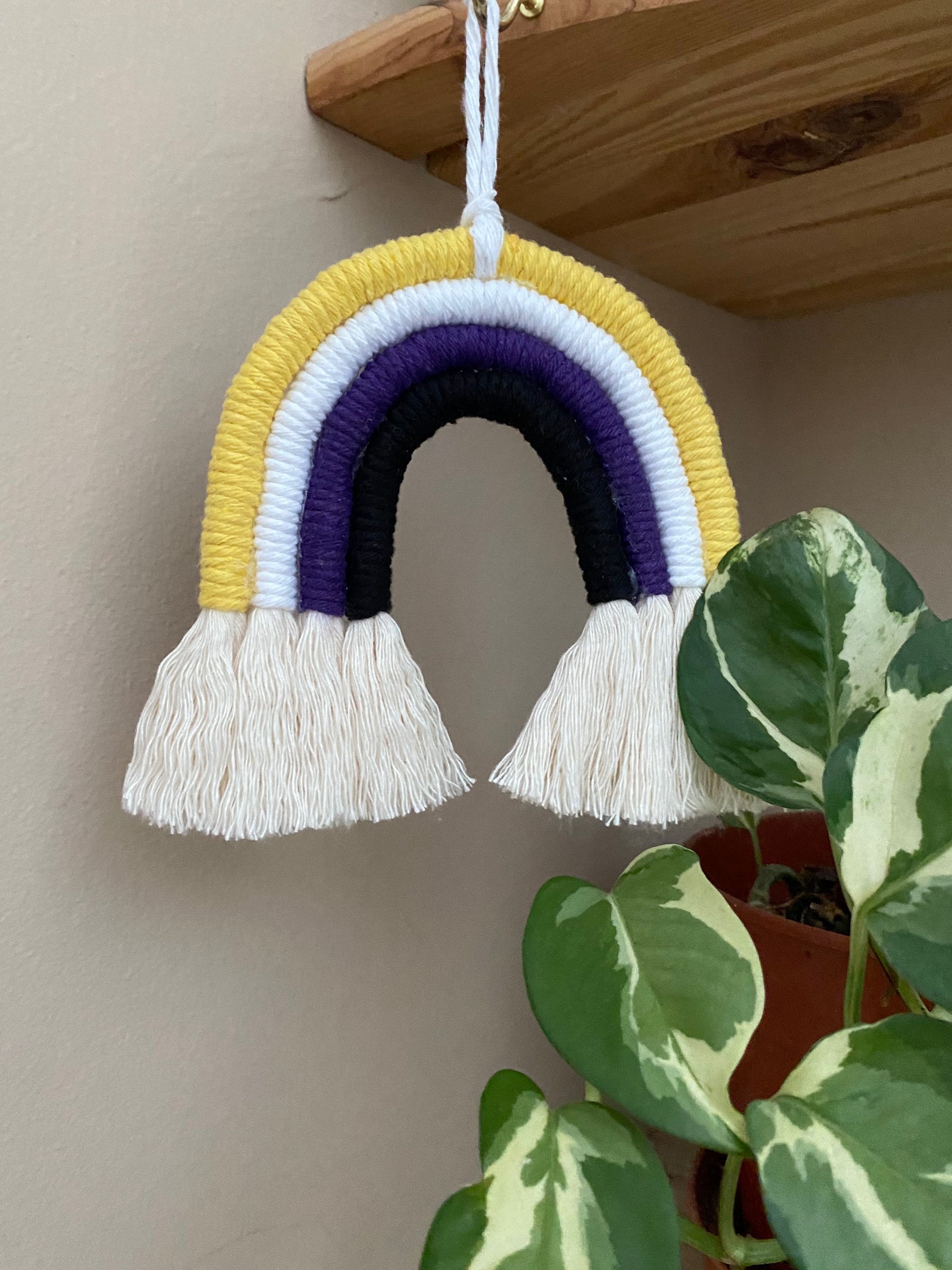 A small macrame rainbow made with yellow white purple and black yarns to represent the colours of the non binary pride flag, hanging from a wooden shelf next to a variegated houseplant.