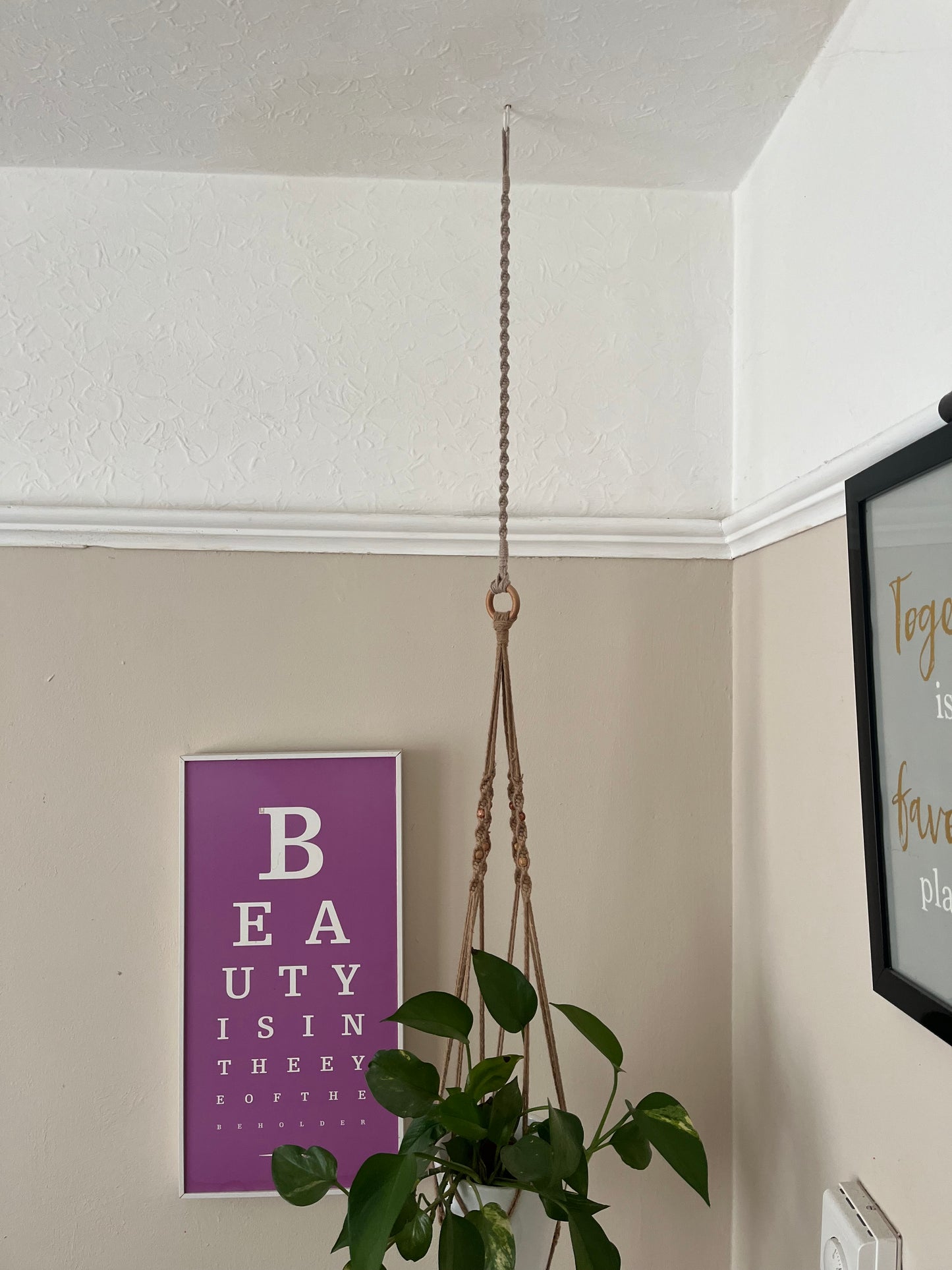 A potted plant in a macrame plant hanger hangs from the ceiling in the corner of a room. The plant hanger has a taupe coloured plant hanger extension attached to it, meaning it is hanging down low from the ceiling.