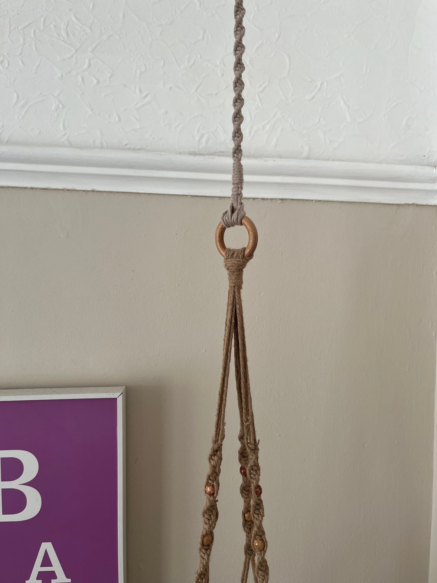 A macrame plant hanger extension, crafted from recycled cotton hangs from the ceiling attached to the wooden hanging ring of a plant hanger below.