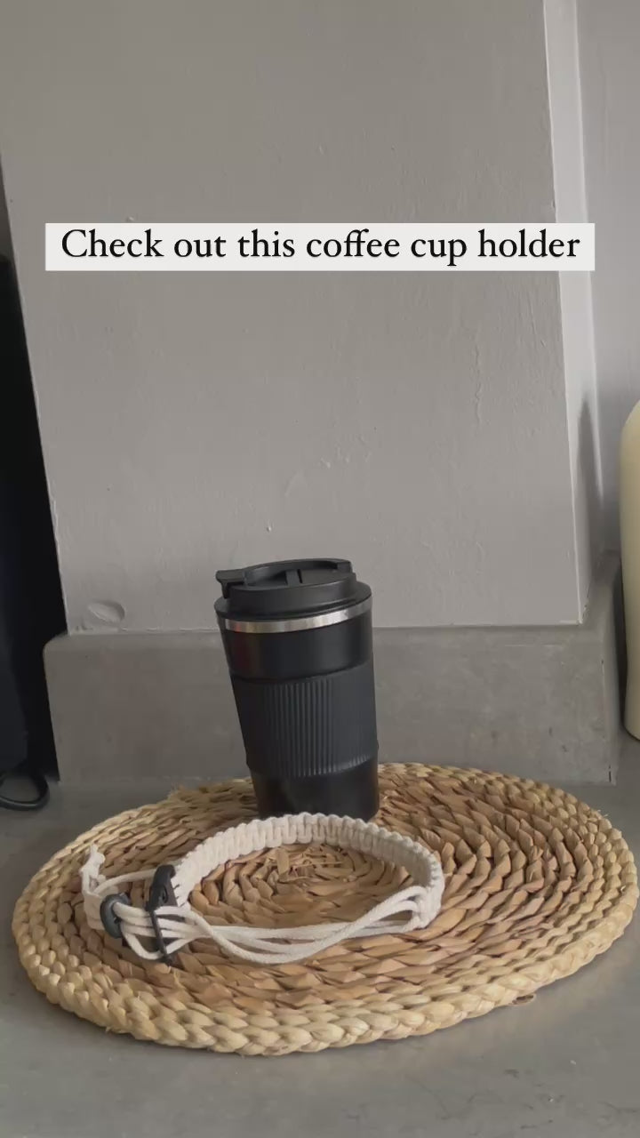 a video demonstrating how to attach your macrame coffee cup holder to a travel mug.