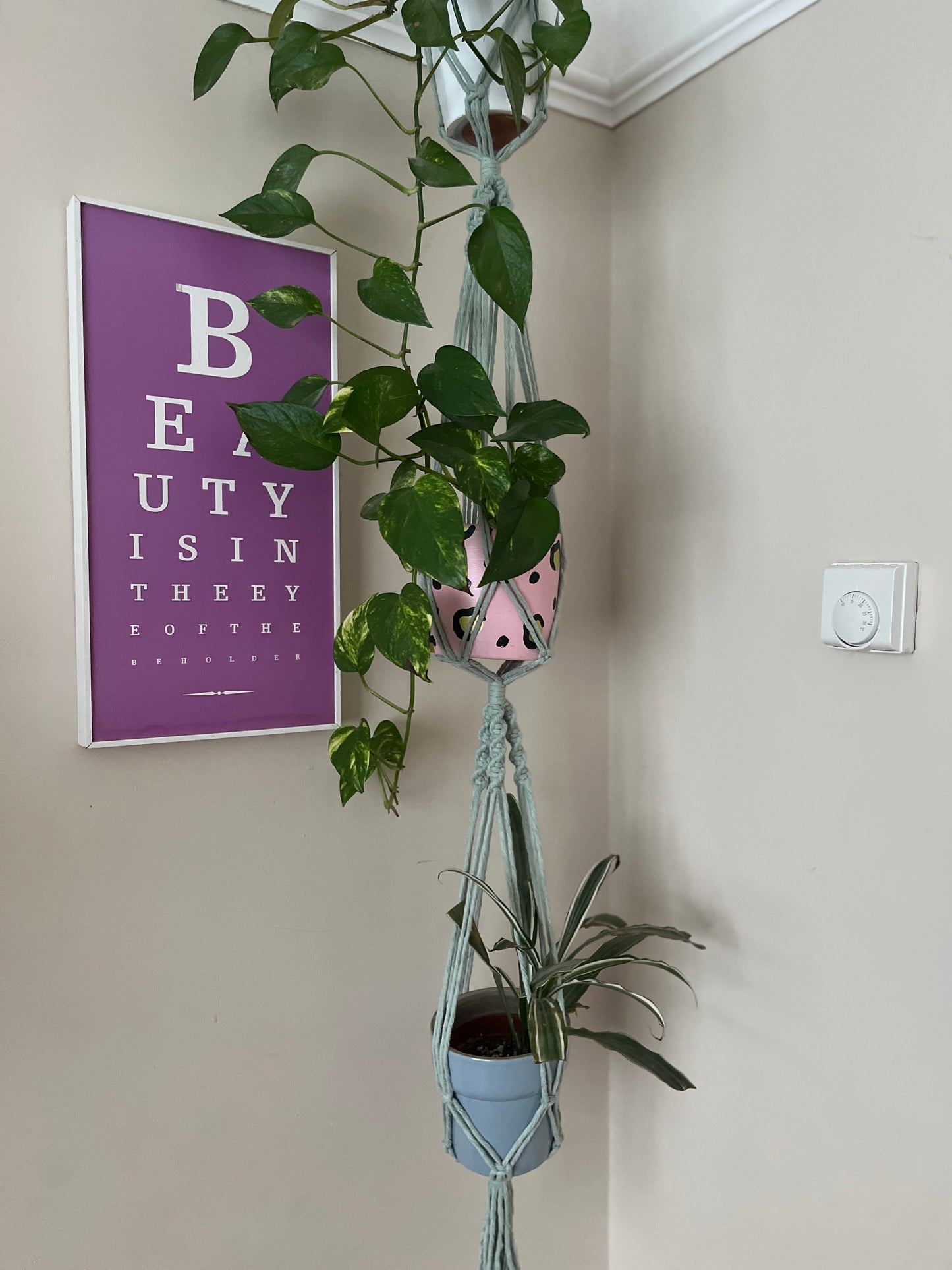 Close up image of the bottom part of a triple plant hanger, showing multiple plants hanging in a handmade macrame plant hanger, in a room corner with beige painted walls and a large pink print on the wall.