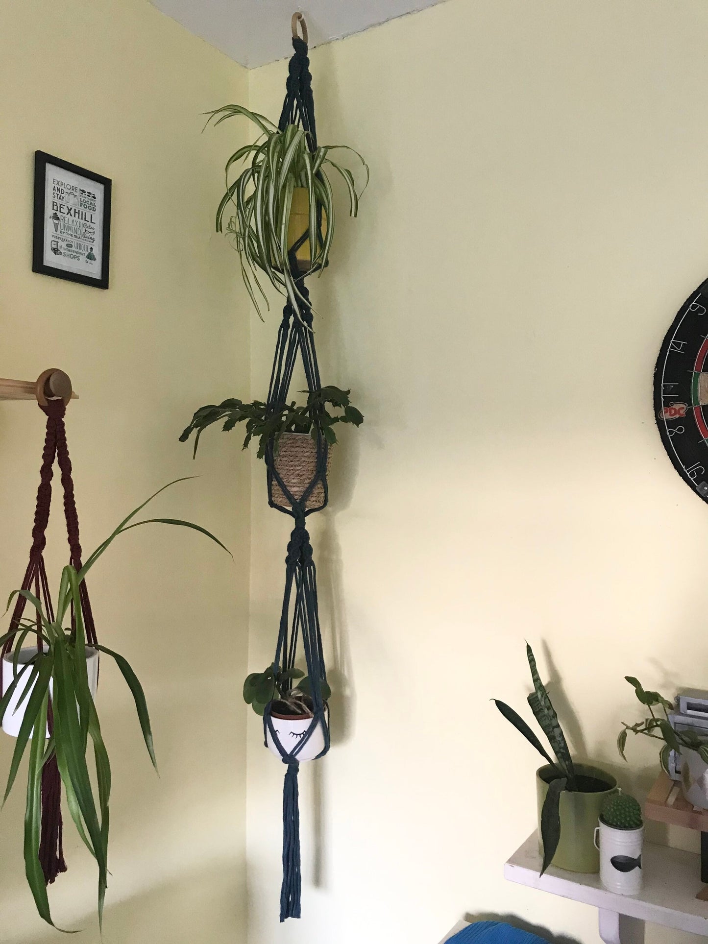 A room corner with a yellow wall features a handmade Triple macrame plant hanger by Macra-Made-With-Love holding three houseplants.