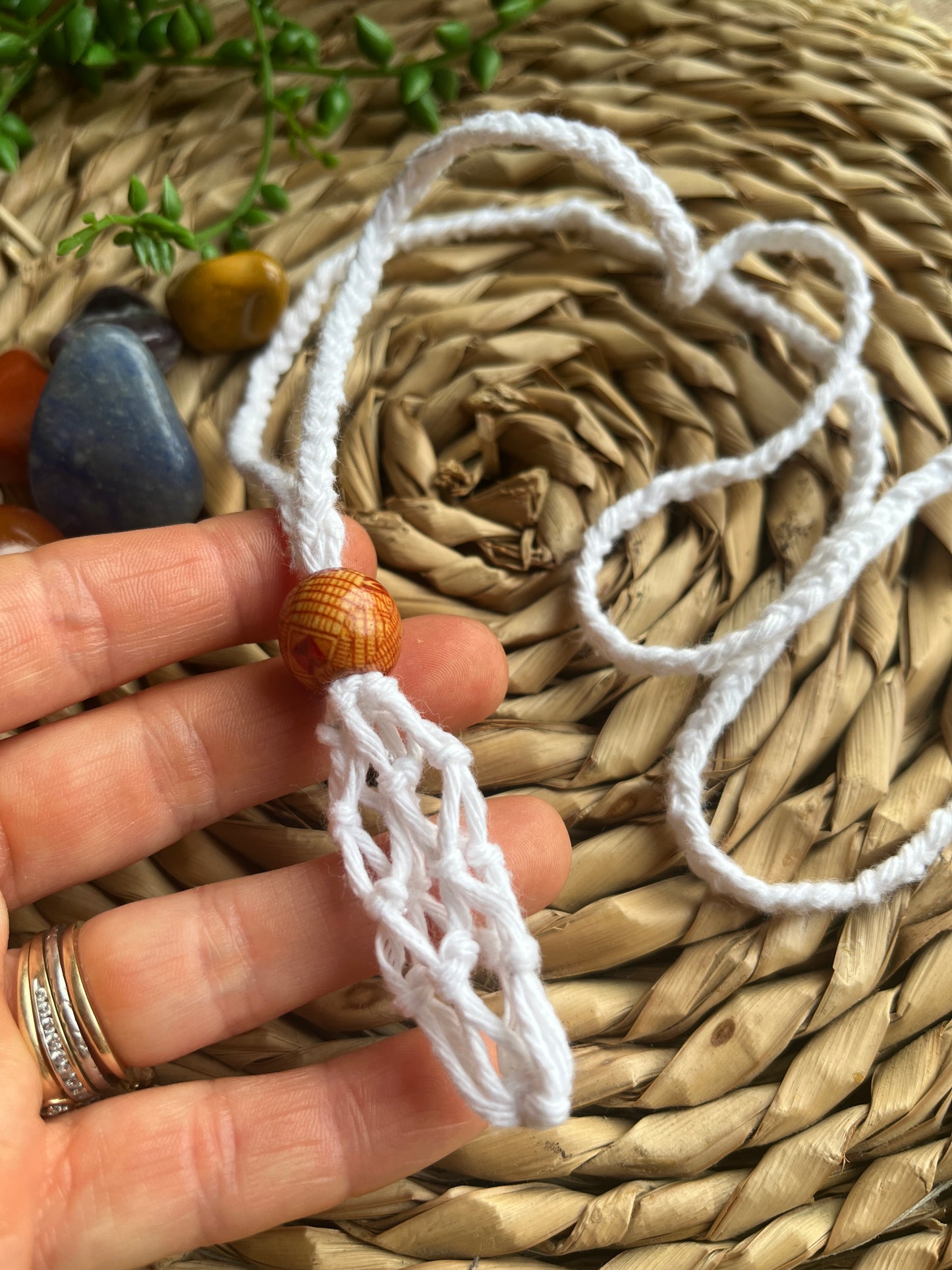 Macrame Gemstone Holder empty net pouch made with white eco friendly recycled cotton and a Wooden bead