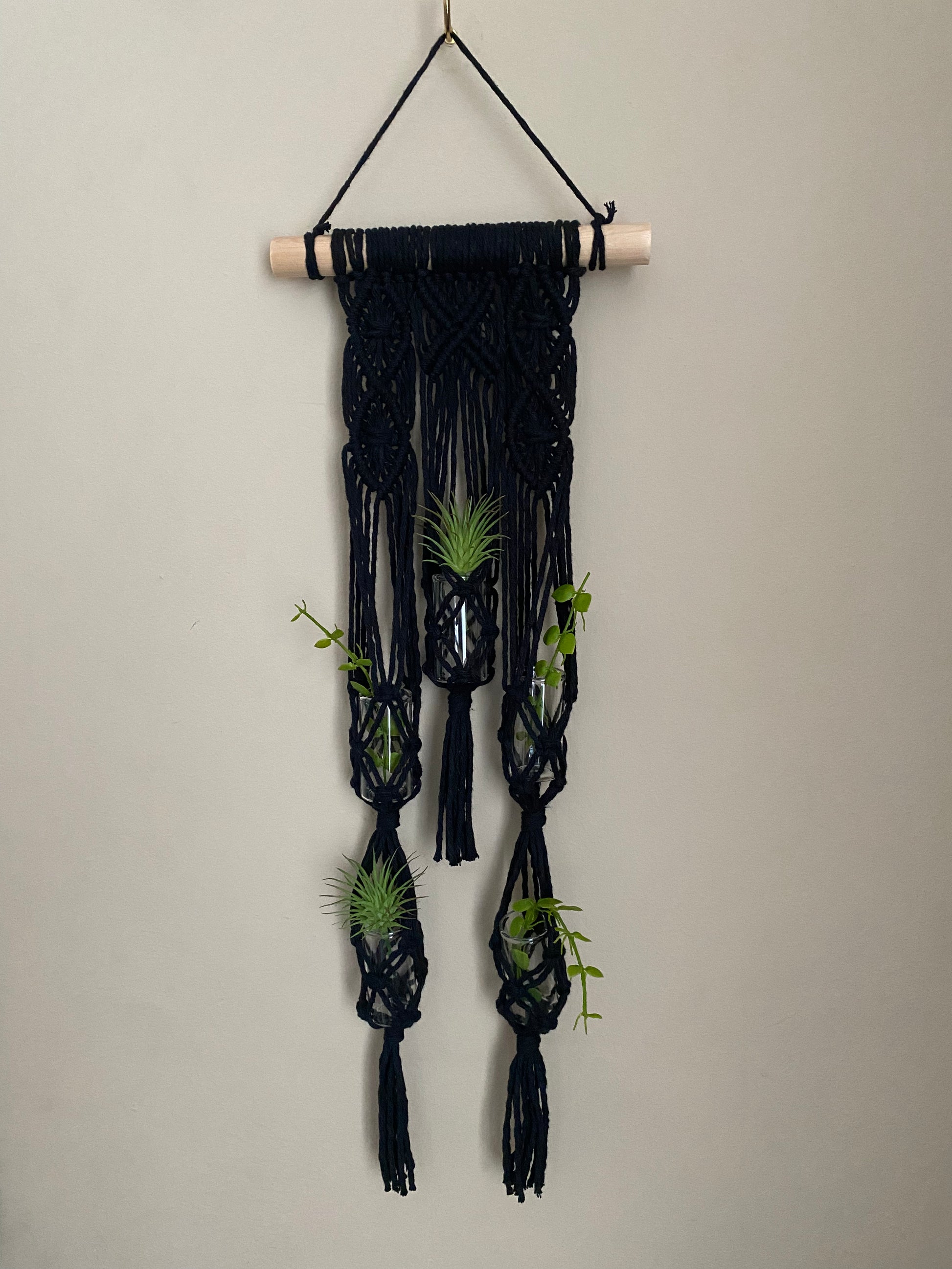 Macra-Made With Love Macrame wall hanging houseplant propagation station made with black cotton and a small wooden dowel. There are 5 glass tubes in the macrame, which each holds a small green plant.