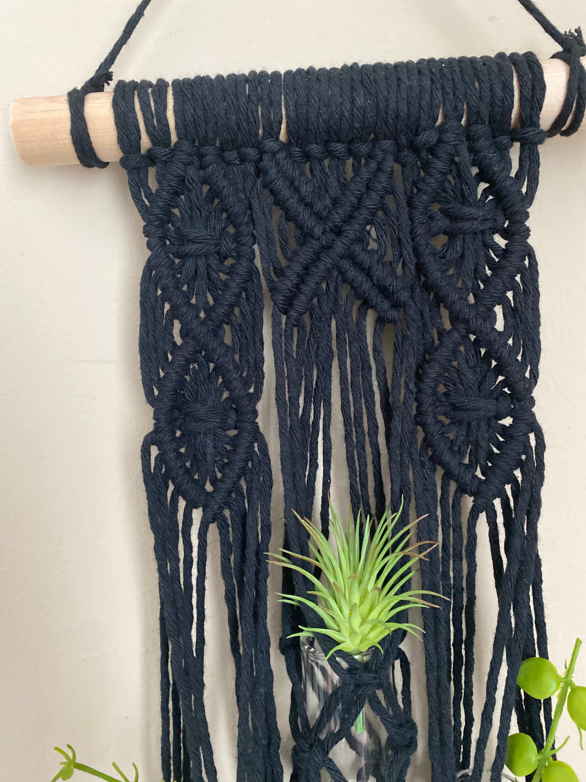 Close up of a macrame wall hanging houseplant propagation station made with black yarn on a wooden dowel.