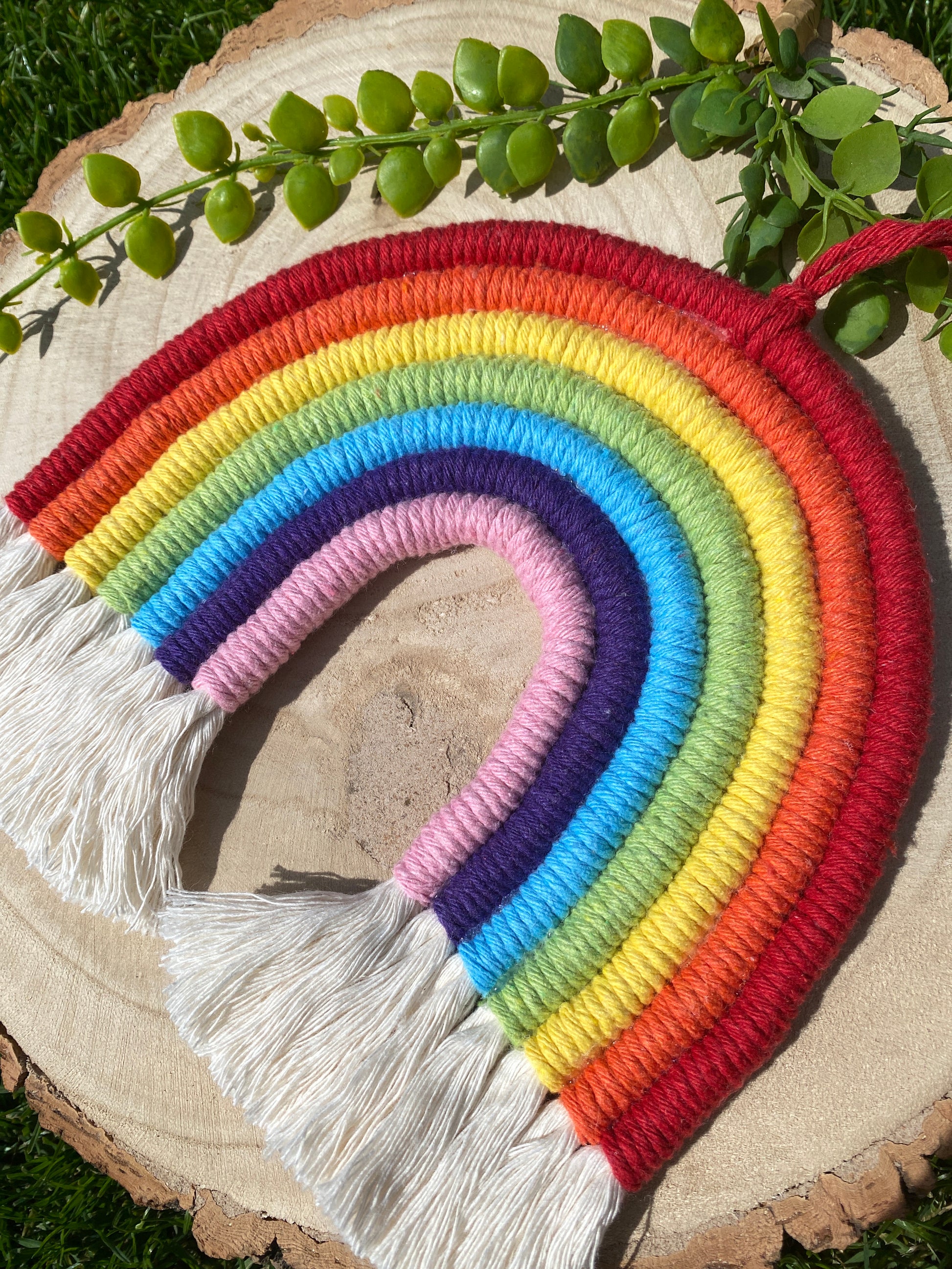 A large macrame rainbow wall hanging, made with 7 arches of colourful yarn, with white tassels at the bottom and a small hanging loop at the top. Displayed on a round wooden board with some green plant vines.