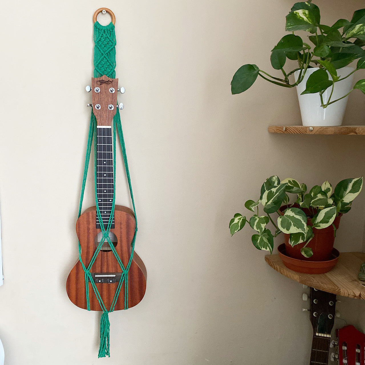 A dark brown ukulele sits inside of a handmade macrame wall hanging ukulele hanger, which is made with forest green recycled cotton, and a repurposed wooden hanging ring. Two leafy green plants are on corner shelves beside the hanger.