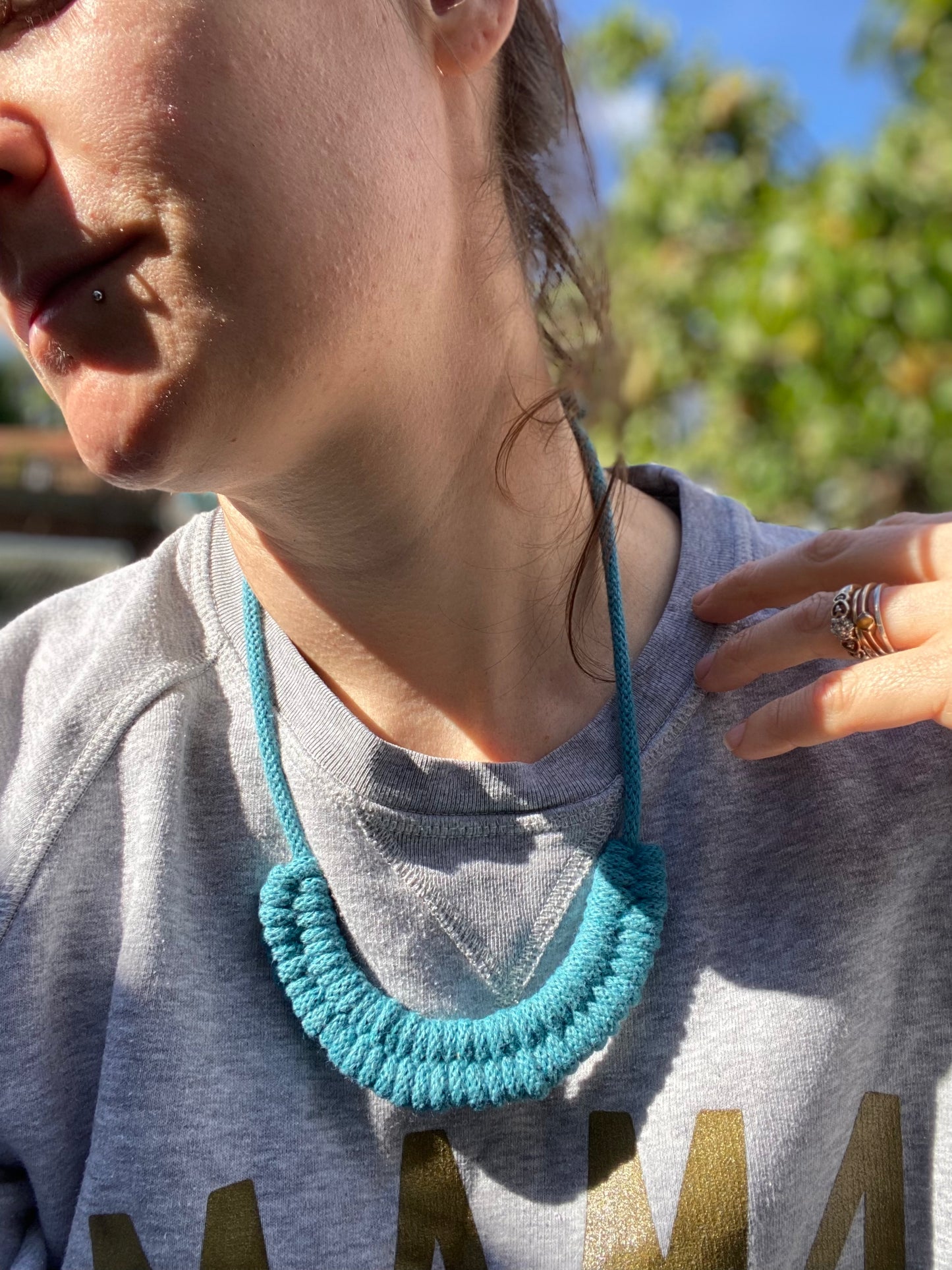 Macra-Made With Love rope necklace teal worn