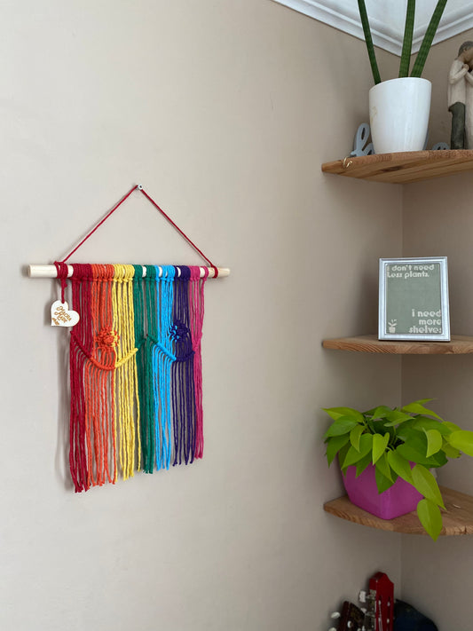 A rainbow coloured macrame wall hanging representing boobs, made with colourful yarn on a wooden dowel, hanging on a beige wall. There is a set of wooden shelves with plant and ornaments on them, in the corner.