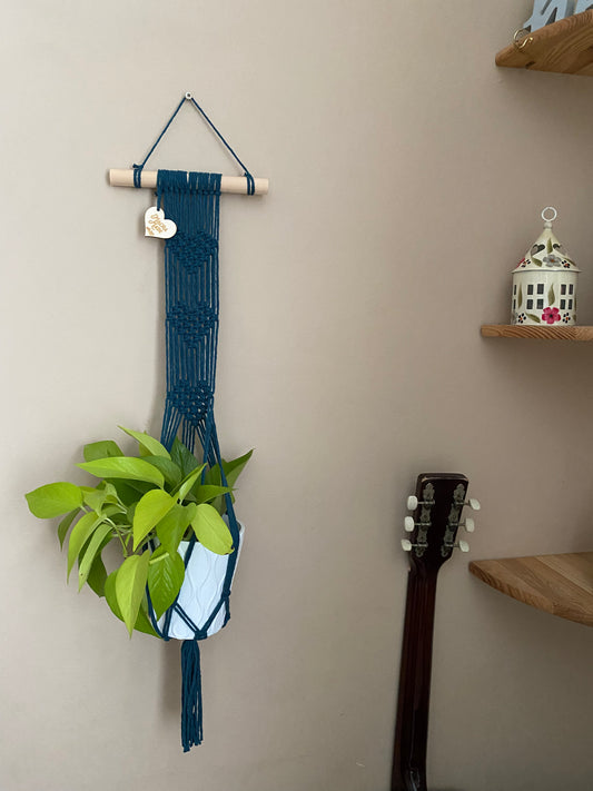 A bright green plant in a ceramic pot, sits inside a long macrame wall hanging plant hanger with heart detail, made with petrol blue yarn on a small wooden dowel.