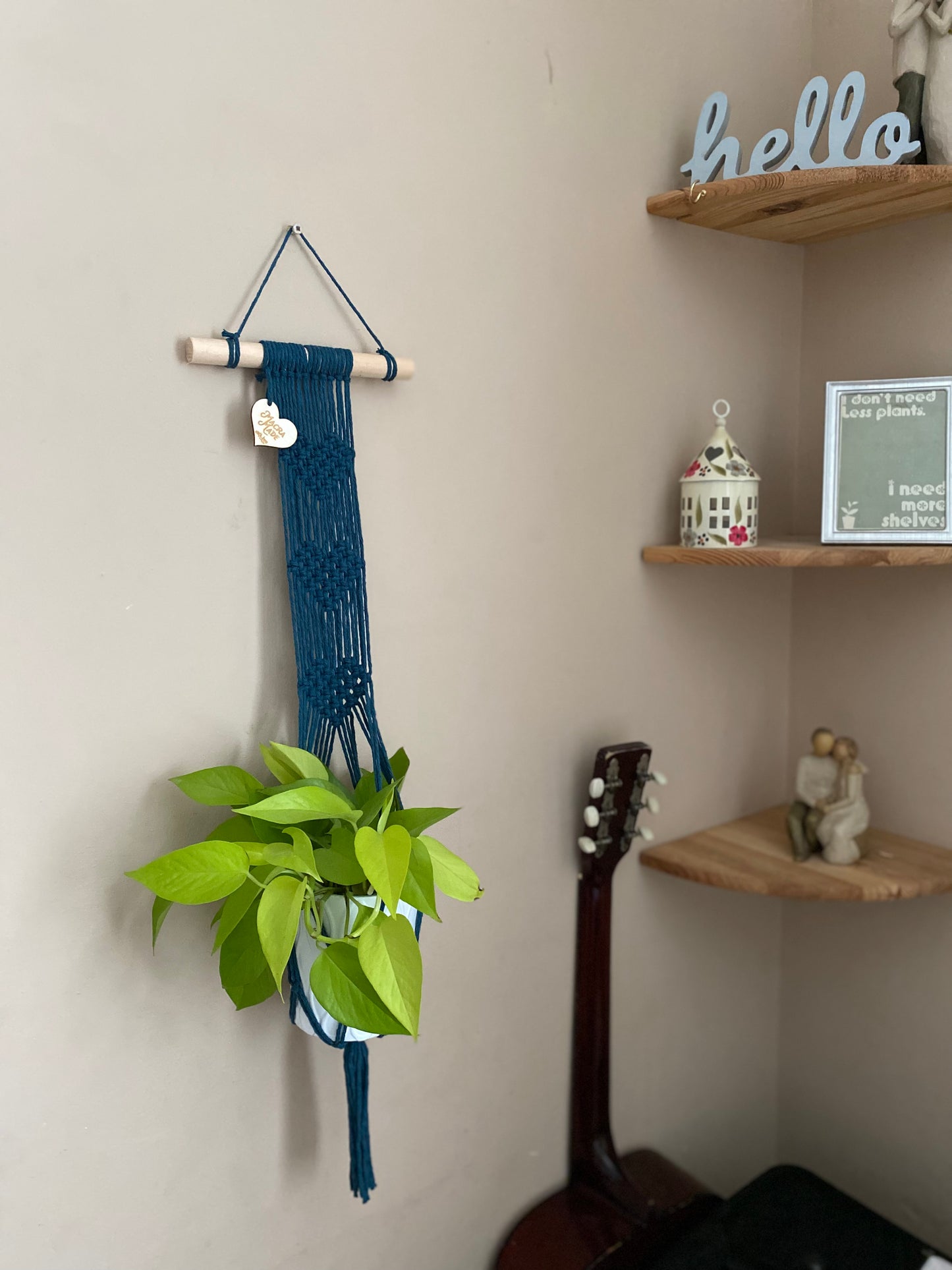 A bright green plant in a ceramic pot, sits inside a long macrame wall hanging plant hanger with heart detail, made with petrol blue yarn on a small wooden dowel.