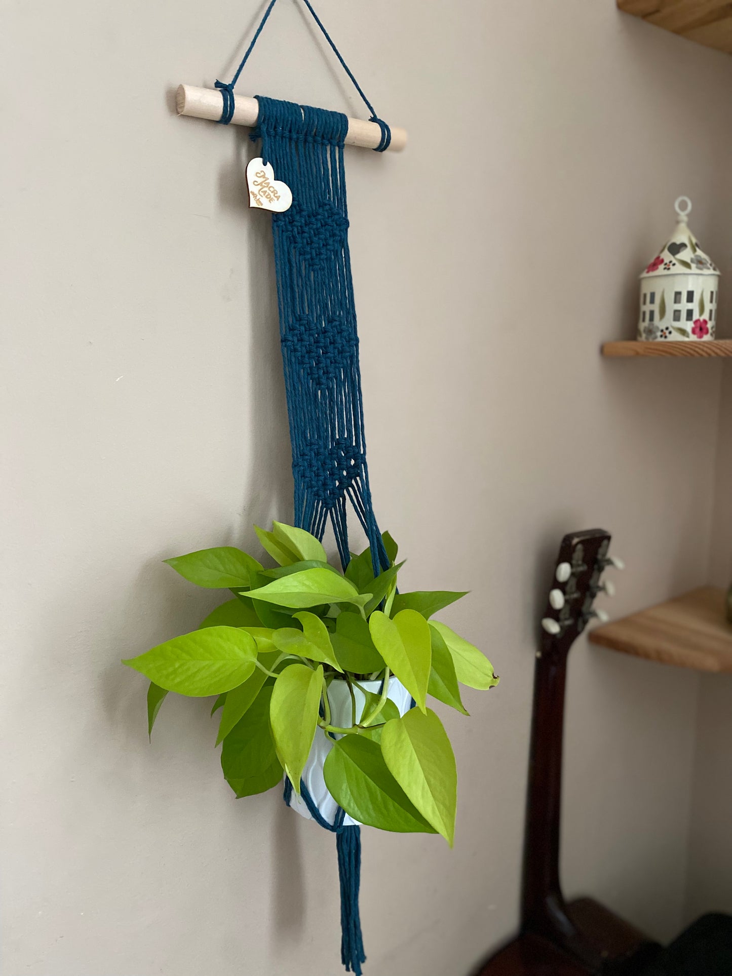 A side view of a bright green plant in a ceramic pot, inside a long macrame wall hanging plant hanger with heart detail, made with petrol blue yarn on a small wooden dowel.