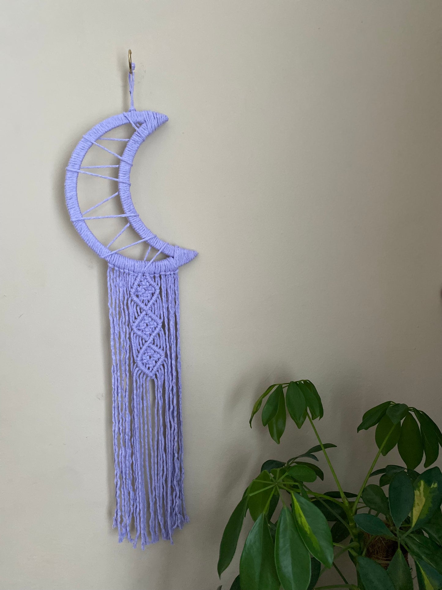 A macrame wall hanging in the shape of a crescent moon, wrapped in lilac yarn, with long knotted fringe detail hanging on a beige wall next to a tall green houseplant.