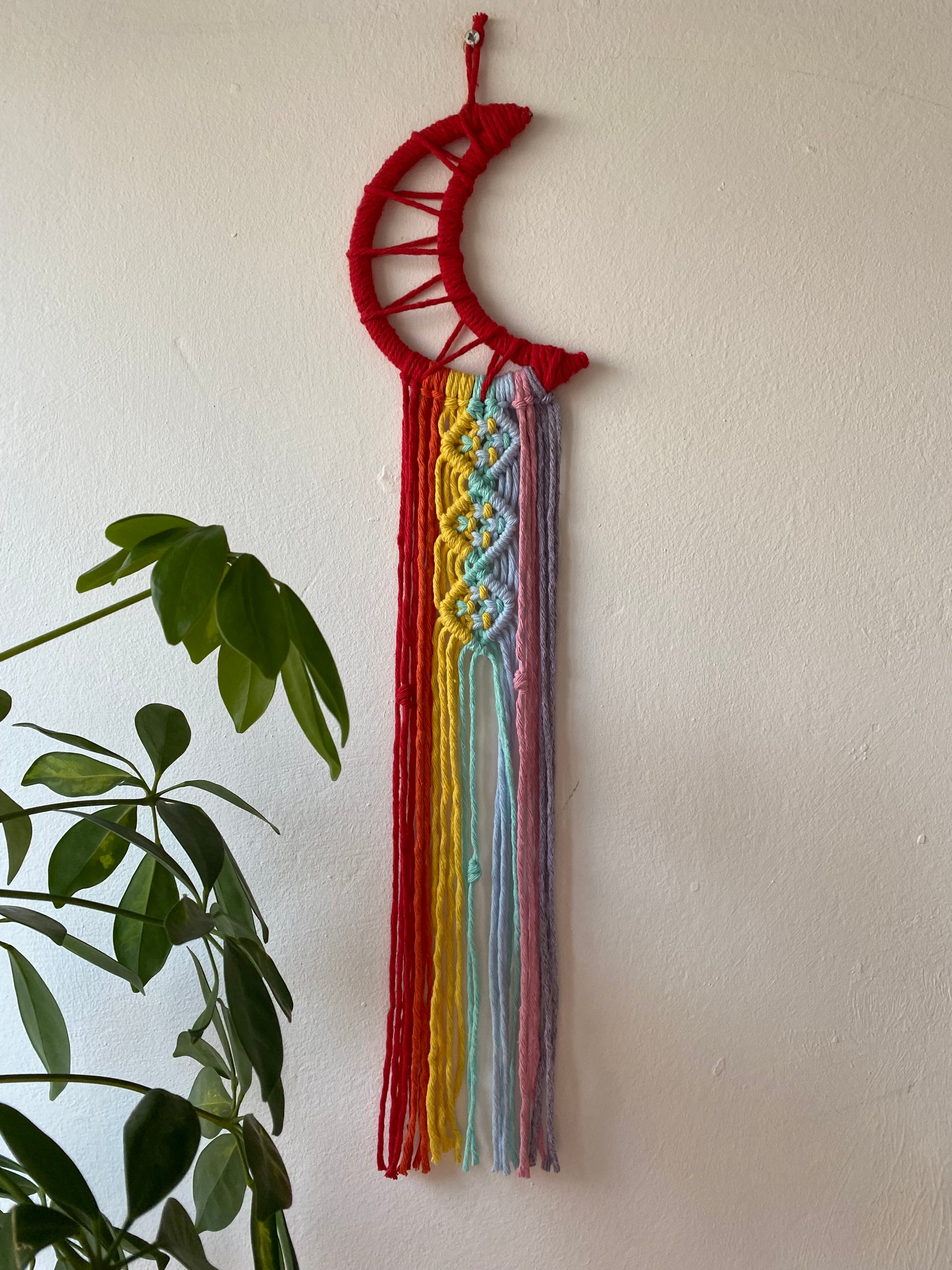A macrame wall hanging in the shape of a crescent moon, wrapped in red yarn, with long rainbow knotted fringe detail hanging on a white wall next to a tall green houseplant.