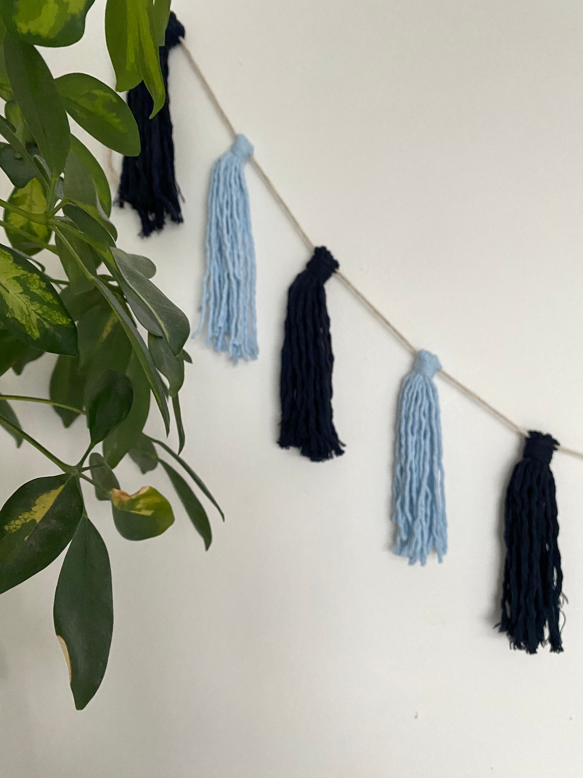 Close up of a macrame tassel garland, in shades of blue, hanging on a white wall. There is a leafy green plant nearby.