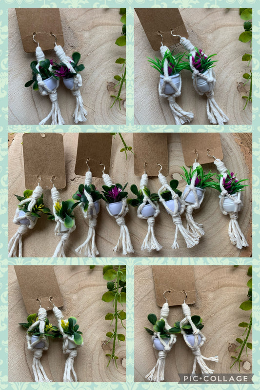 A collage of images of mini macrame plant hanger earrings, on cardboard tags, laying on a wooden surface