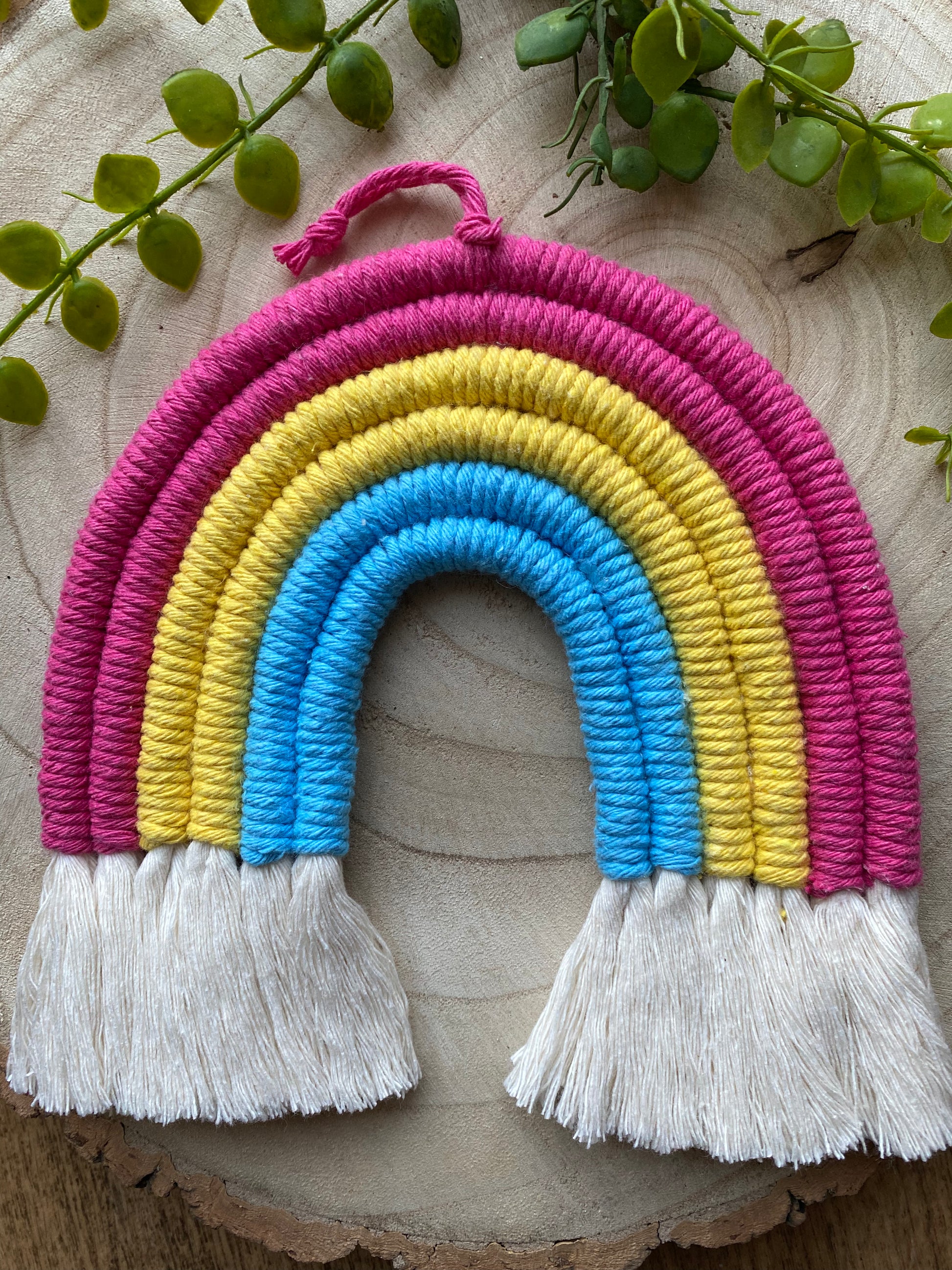 A macrame rainbow made with 6 arches of pink, yellow and blue yarn to represent the colours of the pansexual pride flag, with combed out tassels at the bottom, placed on a wooden board with green plant vines.