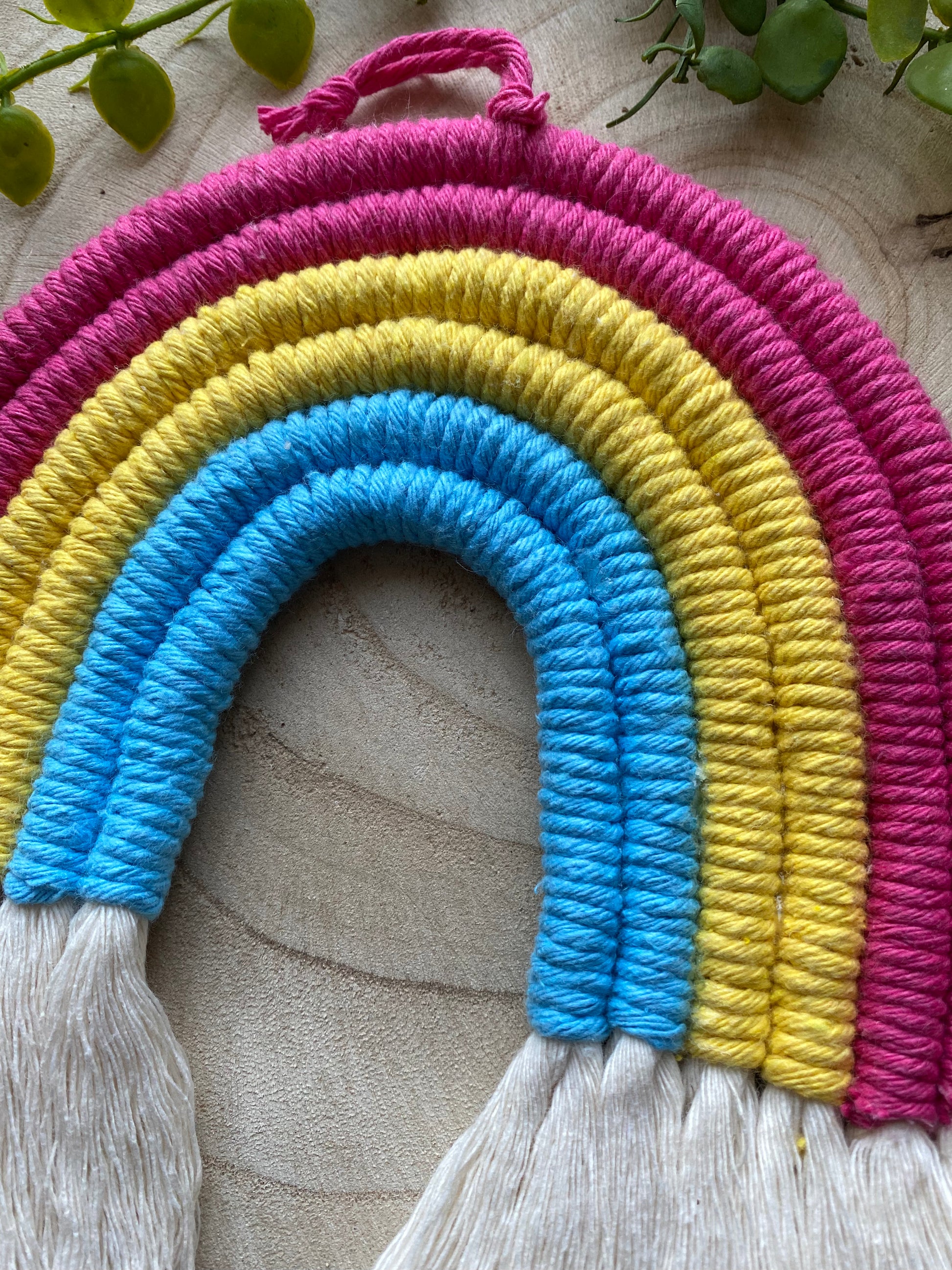 Close up of a macrame rainbow made with 6 arches of pink, yellow and blue yarn to represent the colours of the pansexual pride flag, with combed out tassels at the bottom, placed on a wooden board with green plant vines.
