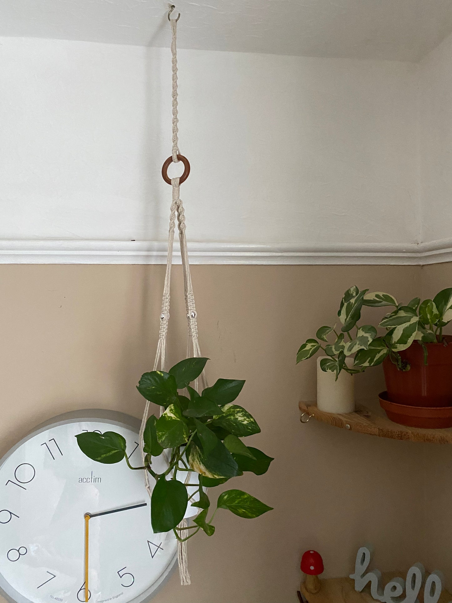 A macrame plant hanger extension made with natural cotton yarn, is attached to the wooden ring of a macrame plant hanger, and suspended from a white ceiling on a metal hook. There is a large leafy plant in the plant hanger and another houseplant on a shelf in the corner of the room.