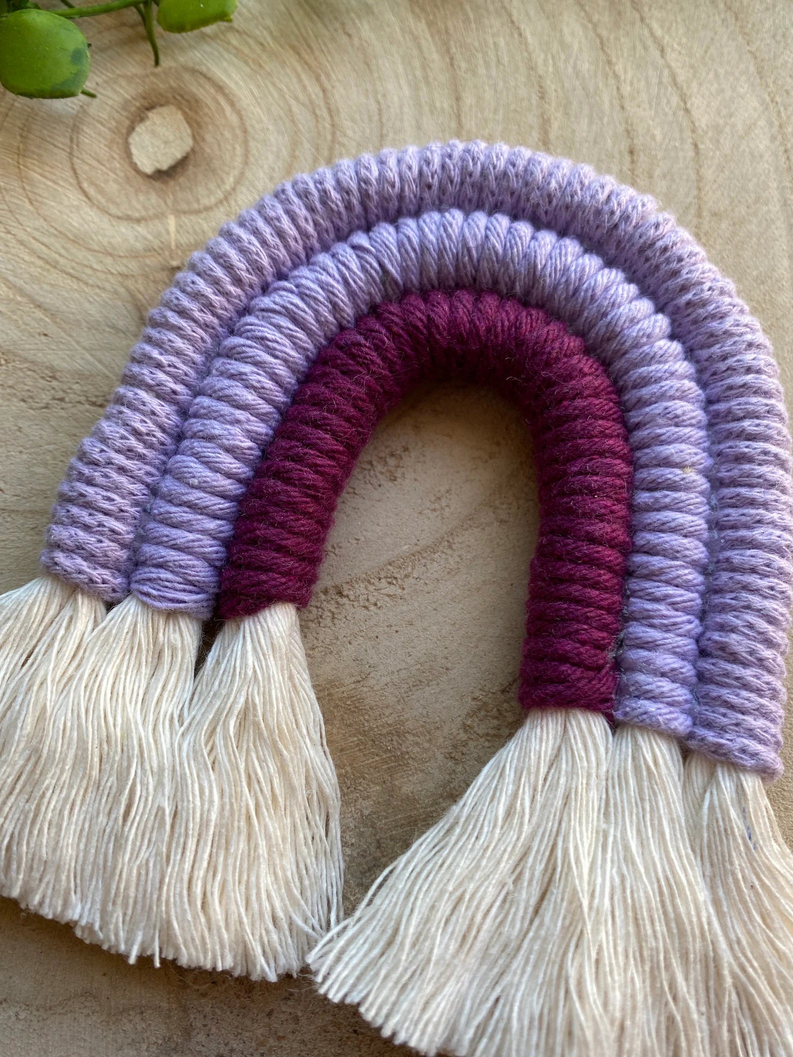 Close up of a small handmade macrame rainbow fridge magnet in soft cotton purple cords, on a wooden surface with some green plant vines.