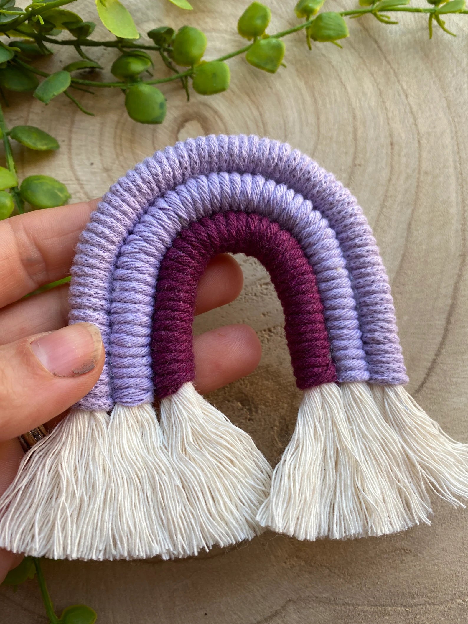 A hand holding a small handmade macrame rainbow fridge magnet in soft cotton purple cords, on a wooden surface with some green plant vines.