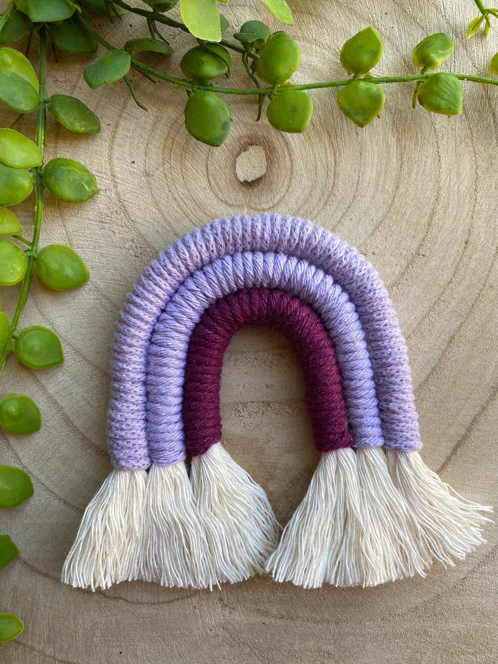 Small handmade macrame rainbow fridge magnet in soft cotton purple cords, on a wooden surface with some green plant vines.