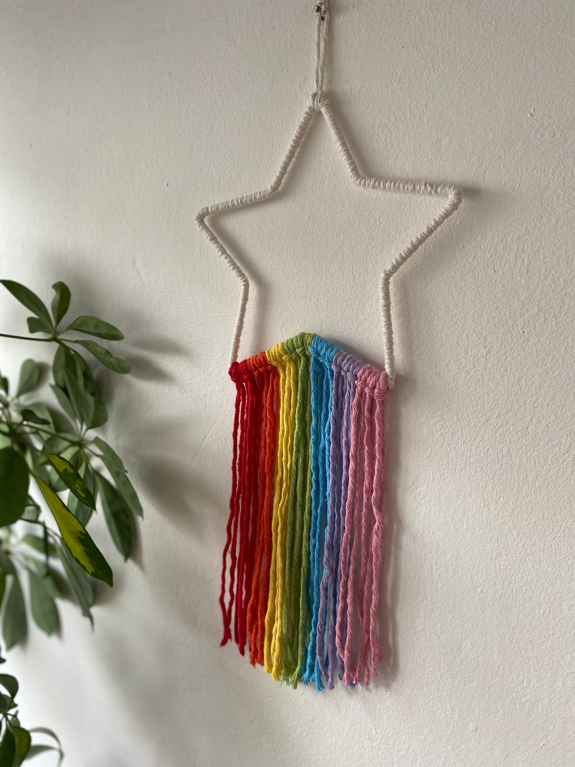 A white star frame with rainbow hanging tassels, hangs against a white painted wall next to a green houseplant.