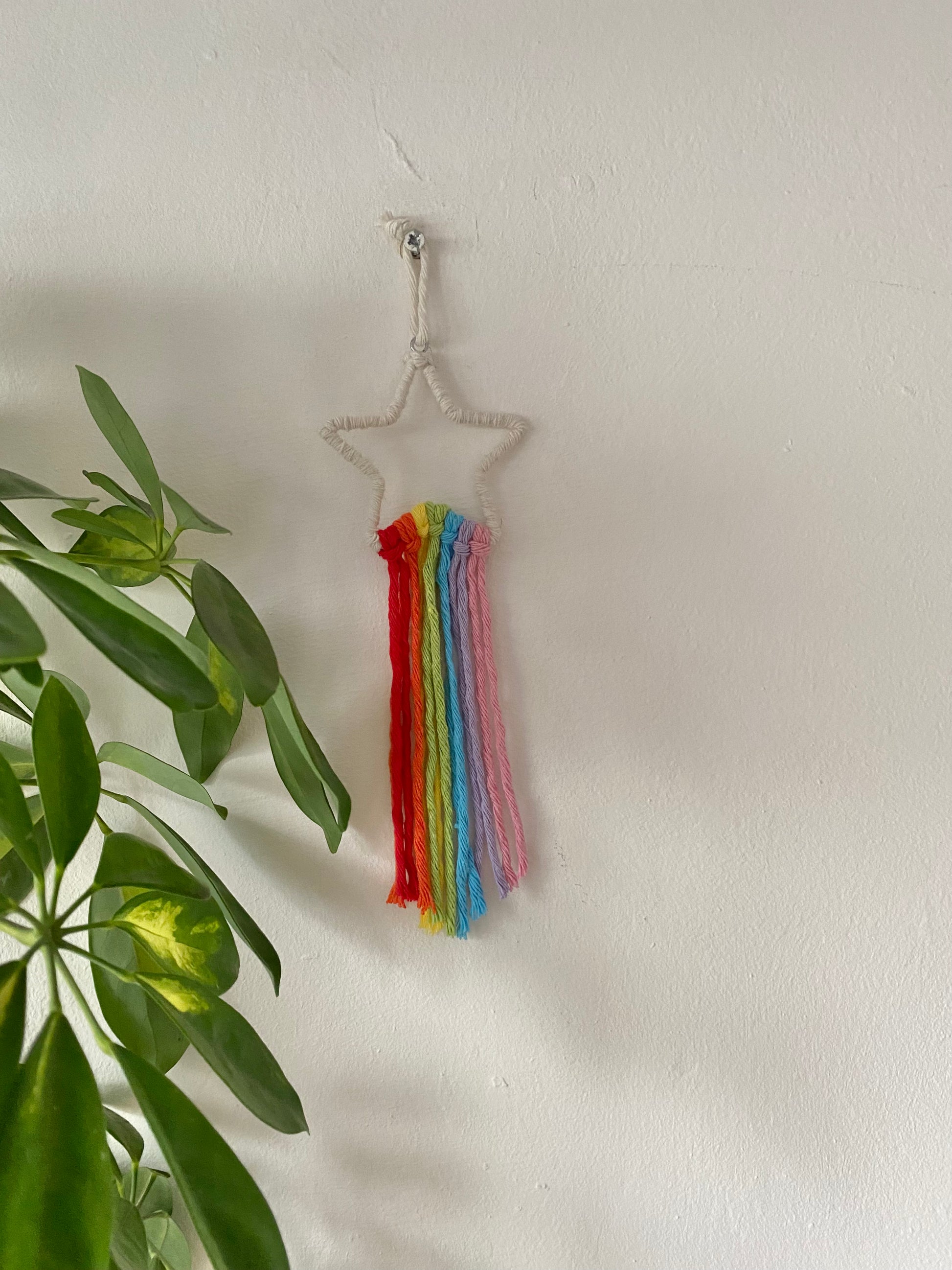 A small white star frame with rainbow hanging tassels, hangs against a white painted wall next to a green houseplant.